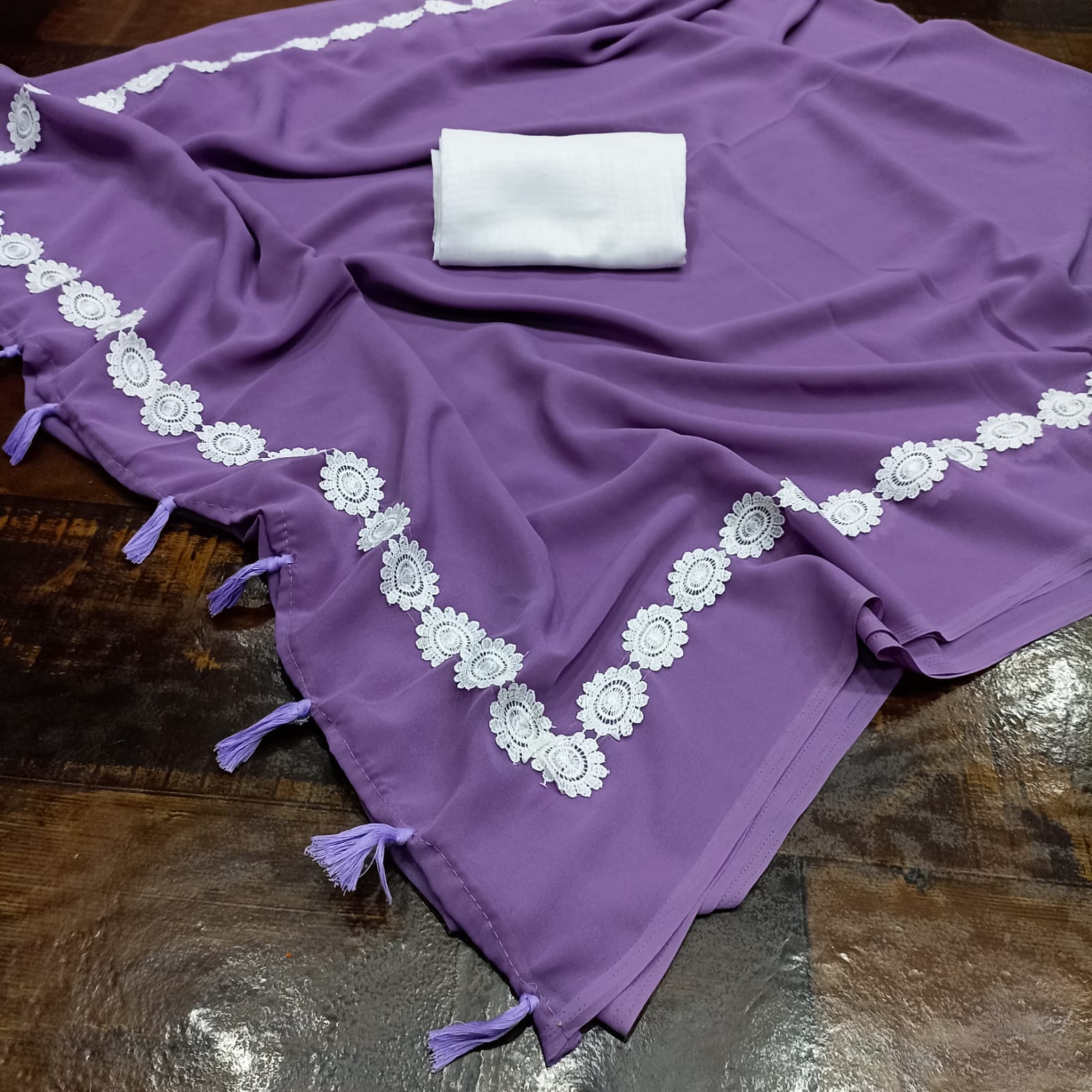 Lavender Purple Georgette Fancy Lace Attech Saree