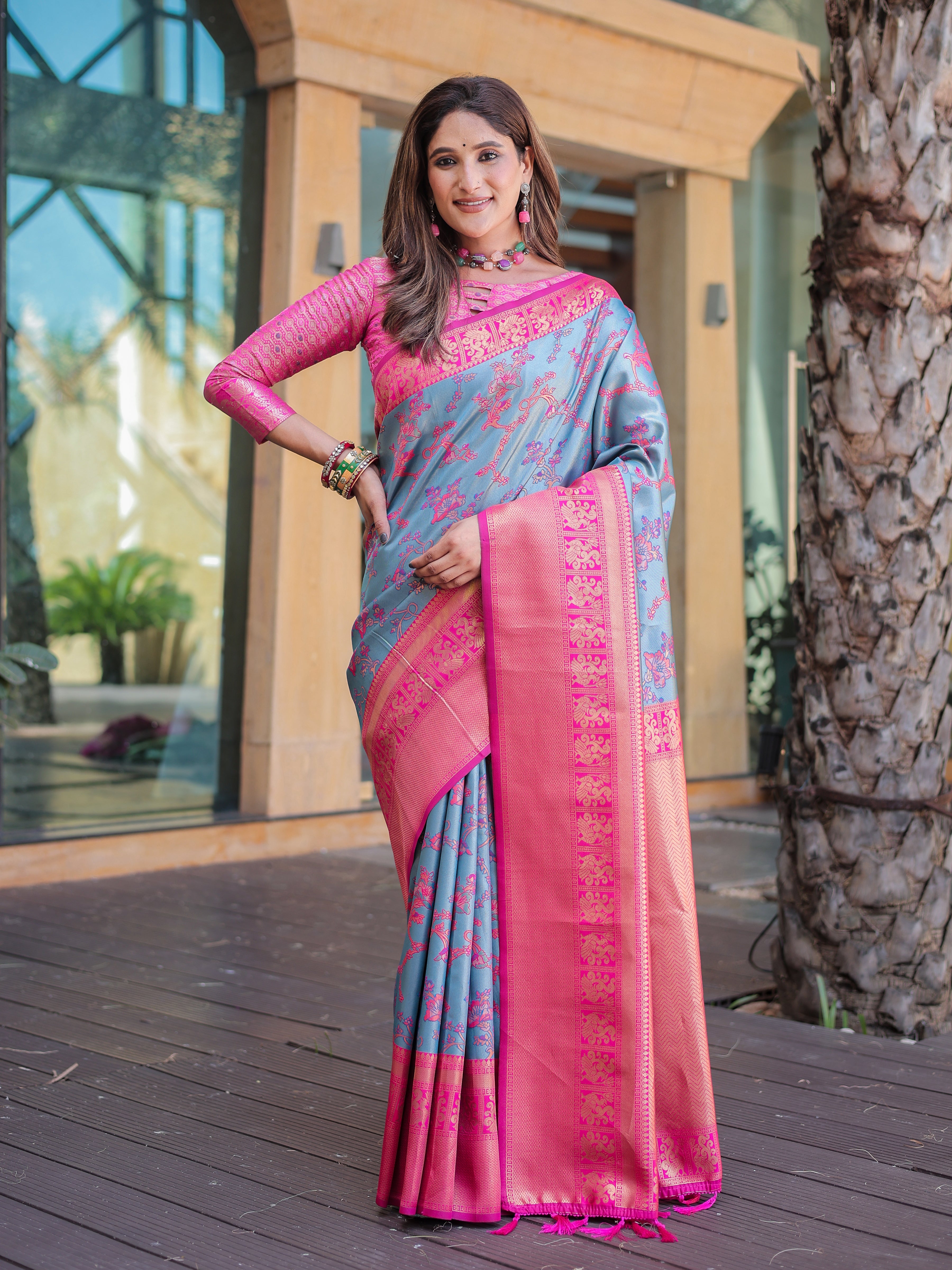 Light Blue Grey Dharmavaram Silk Rich Pallu Pure Zari Saree