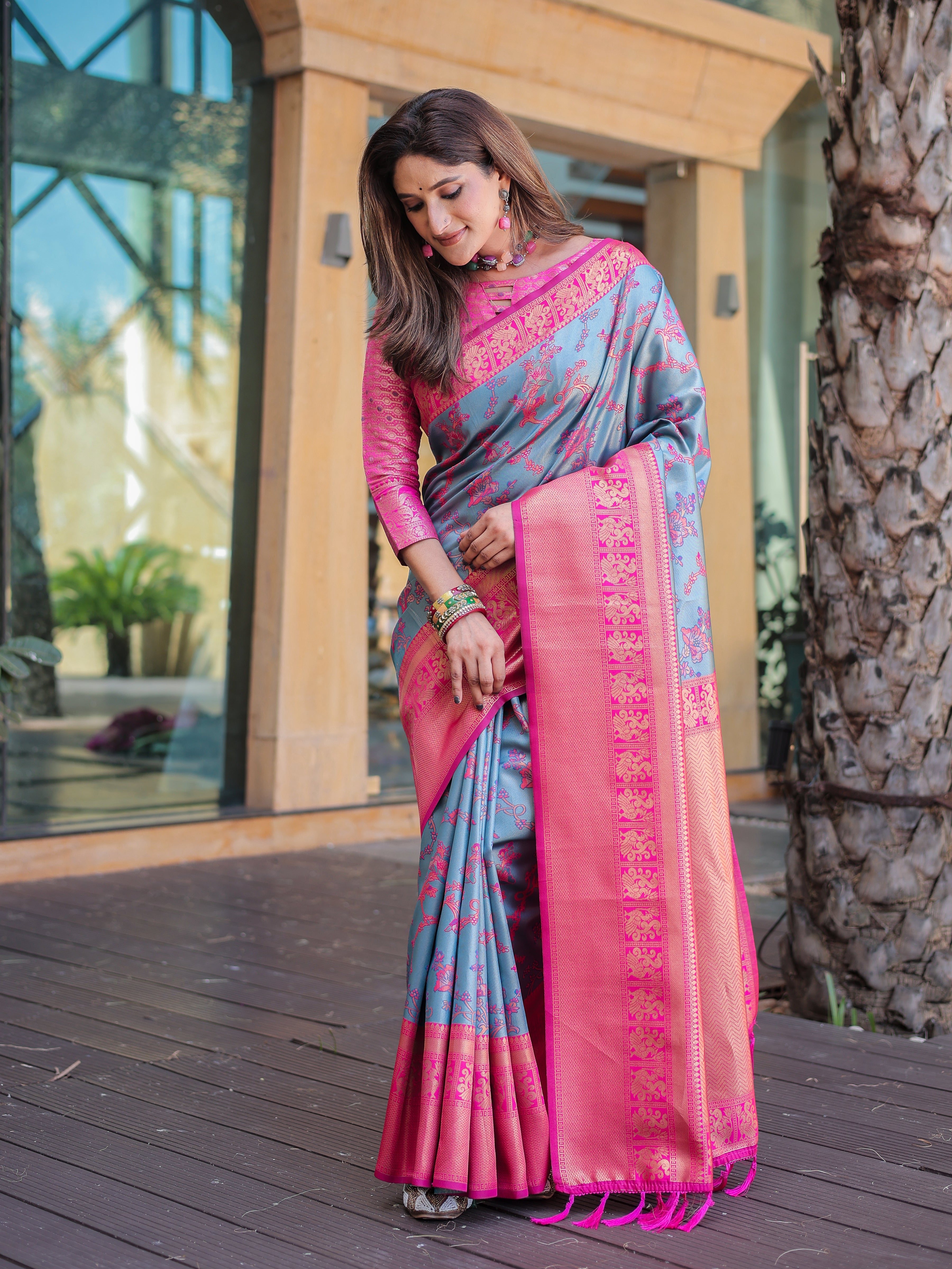 Light Blue Grey Dharmavaram Silk Rich Pallu Pure Zari Saree