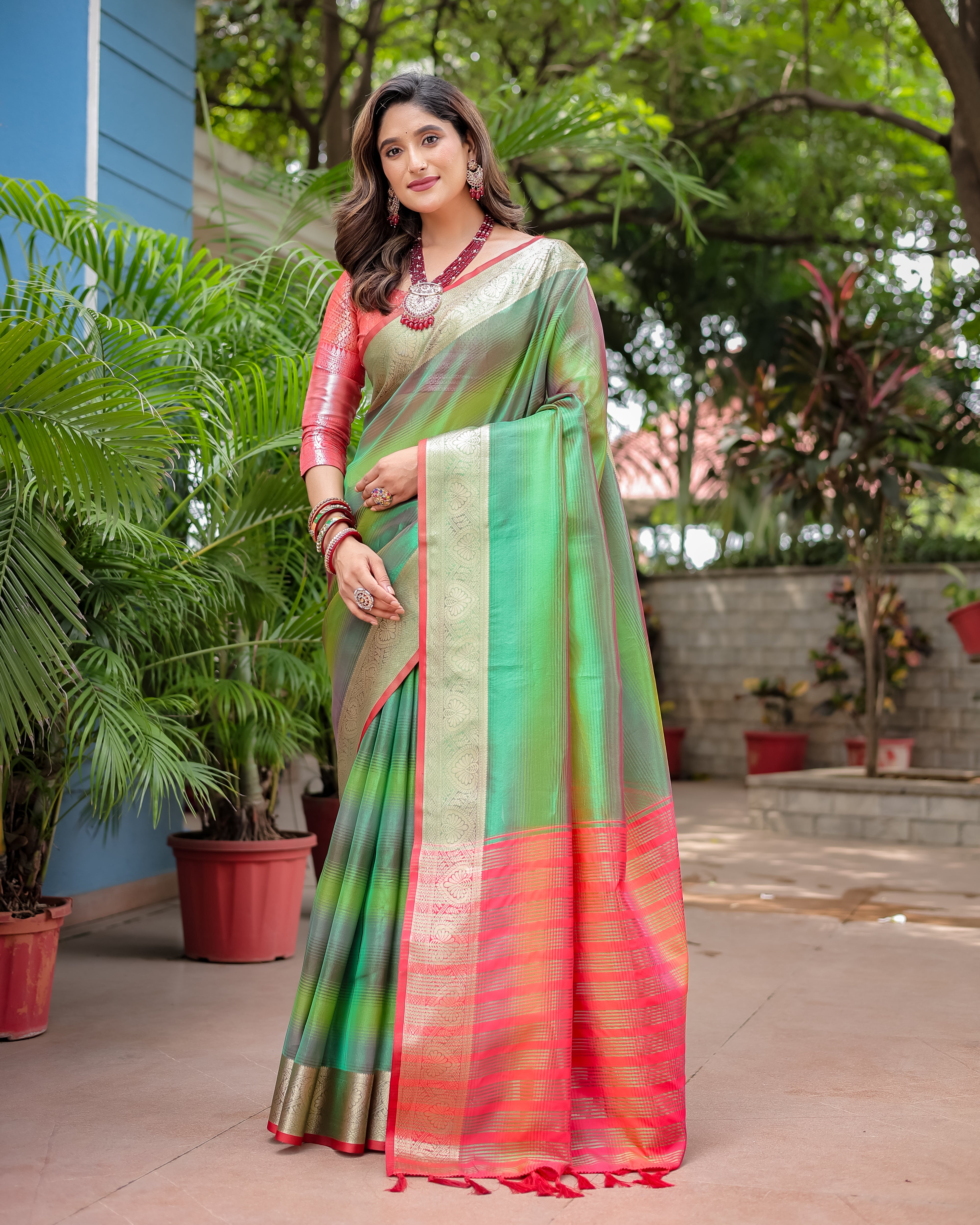 Light Teal Rangkart Pattern Soft Banarsi Silk Saree