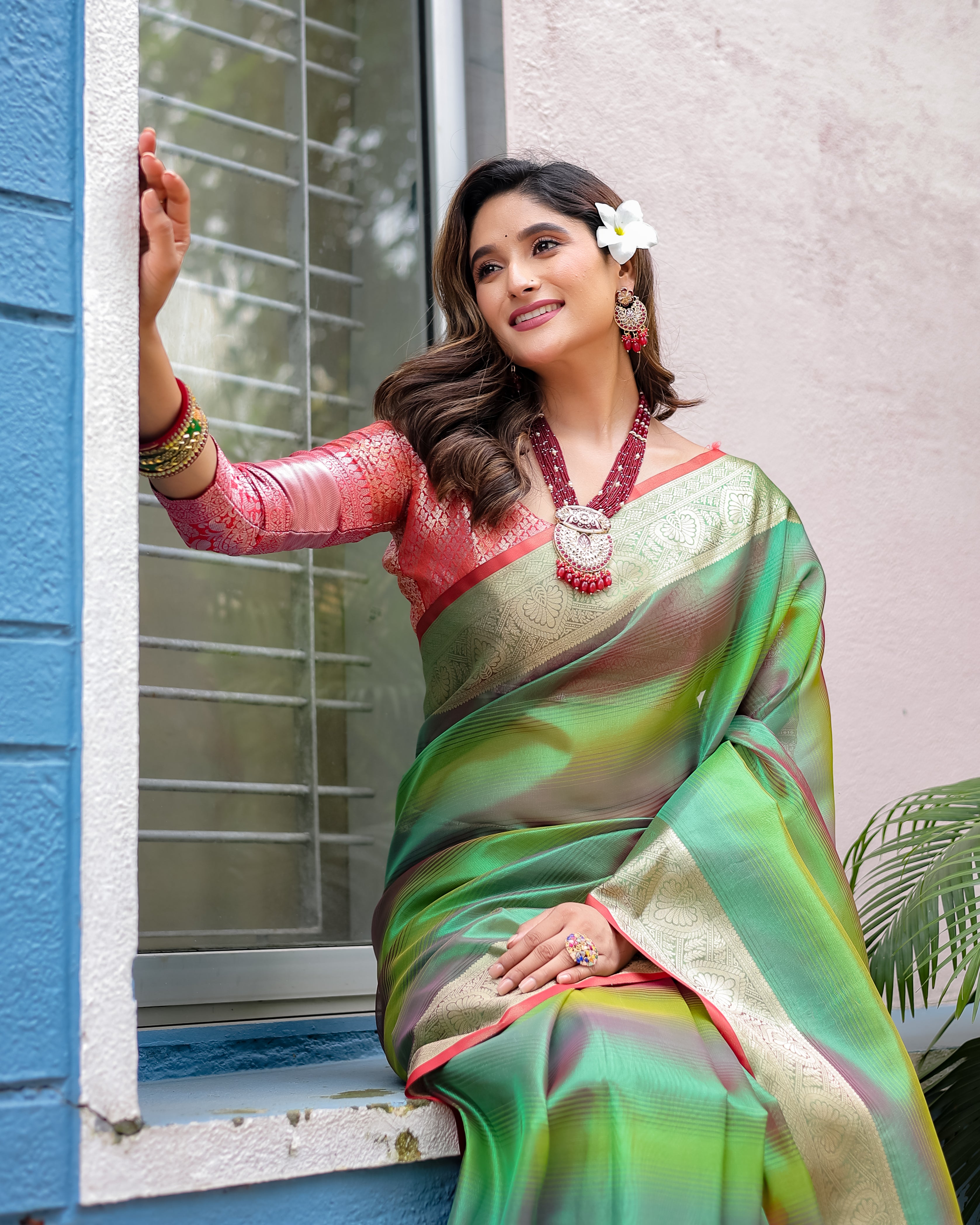 Light Teal Rangkart Pattern Soft Banarsi Silk Saree