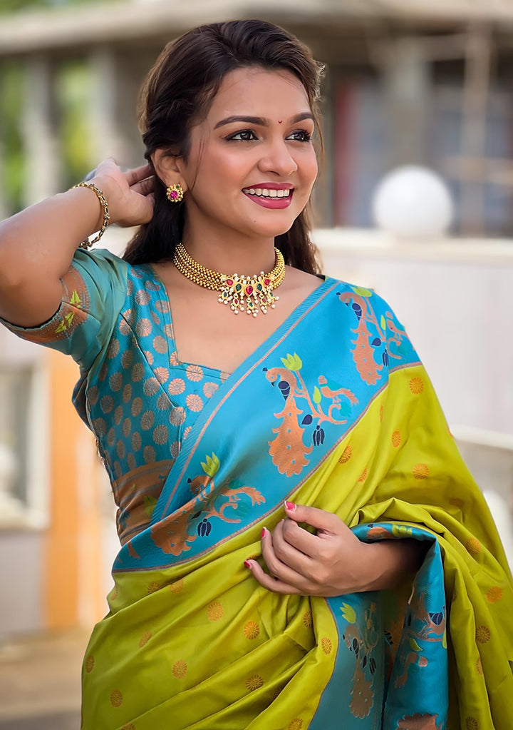 Lime-Green-Color-Cotton-Silk-Traditional-Printed-Saree-Woven-Zari-Buti