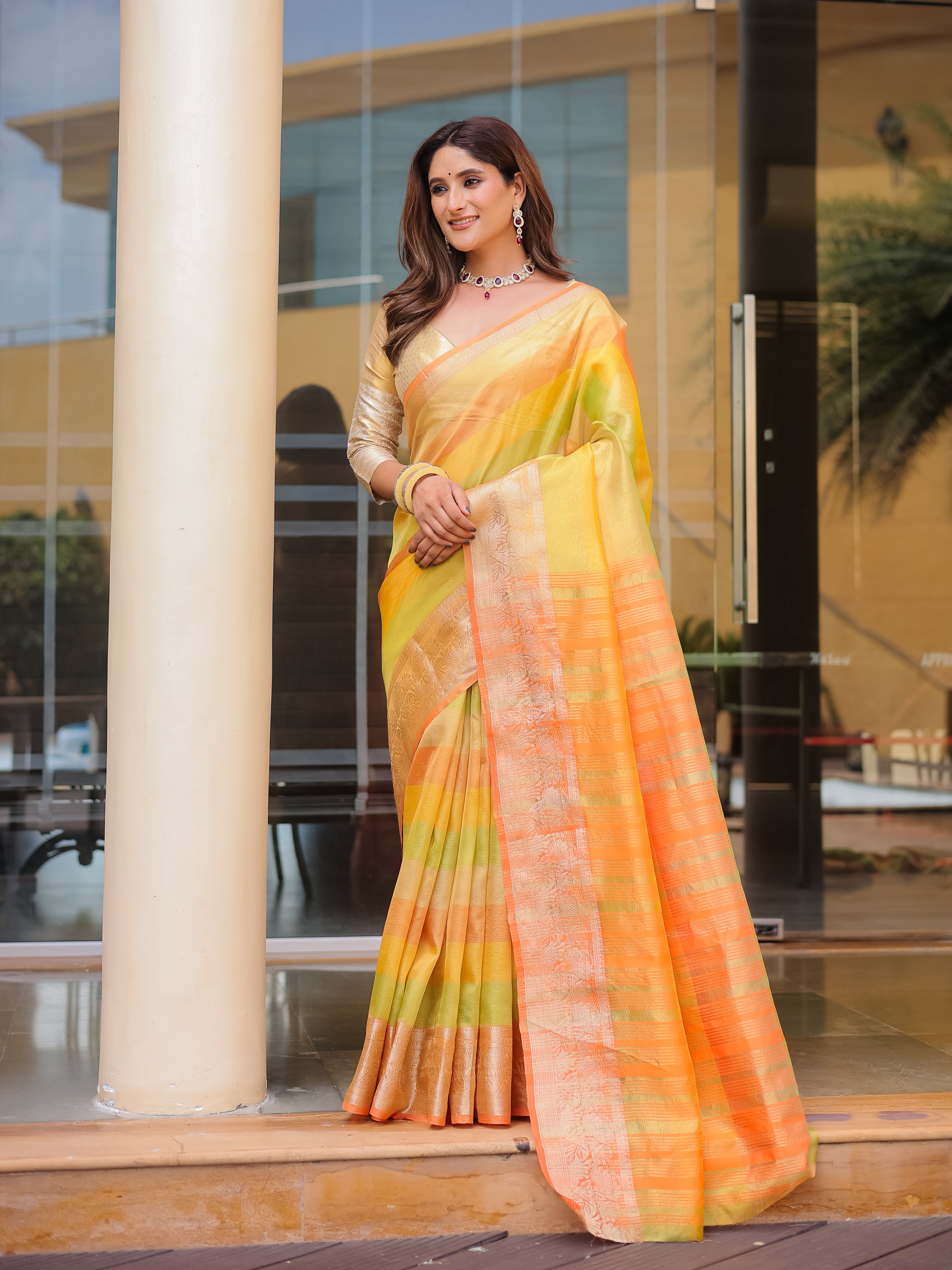 Mango Orange Banarasi Handloom Crush Saree