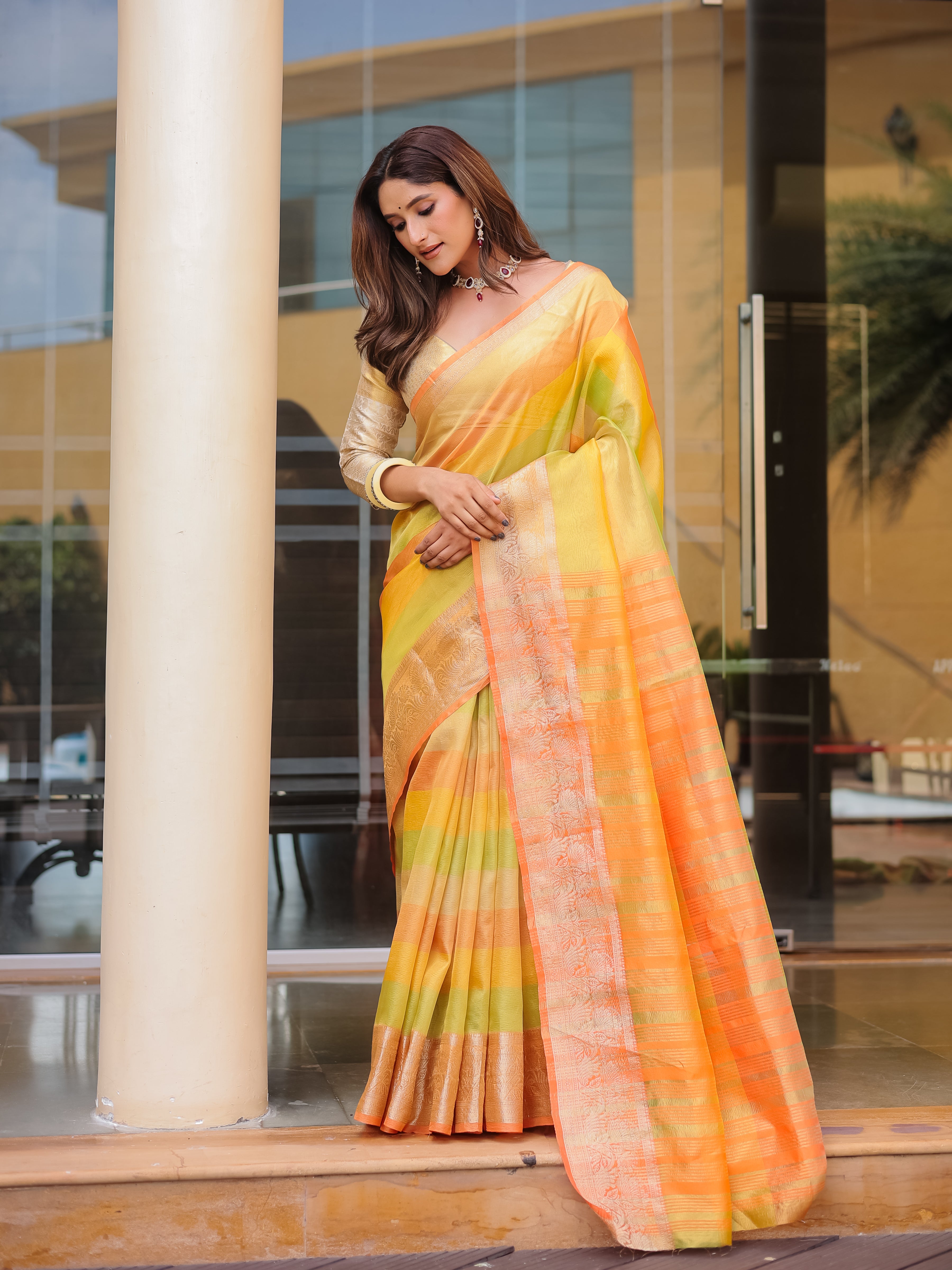 Mango Orange Banarasi Handloom Crush Saree