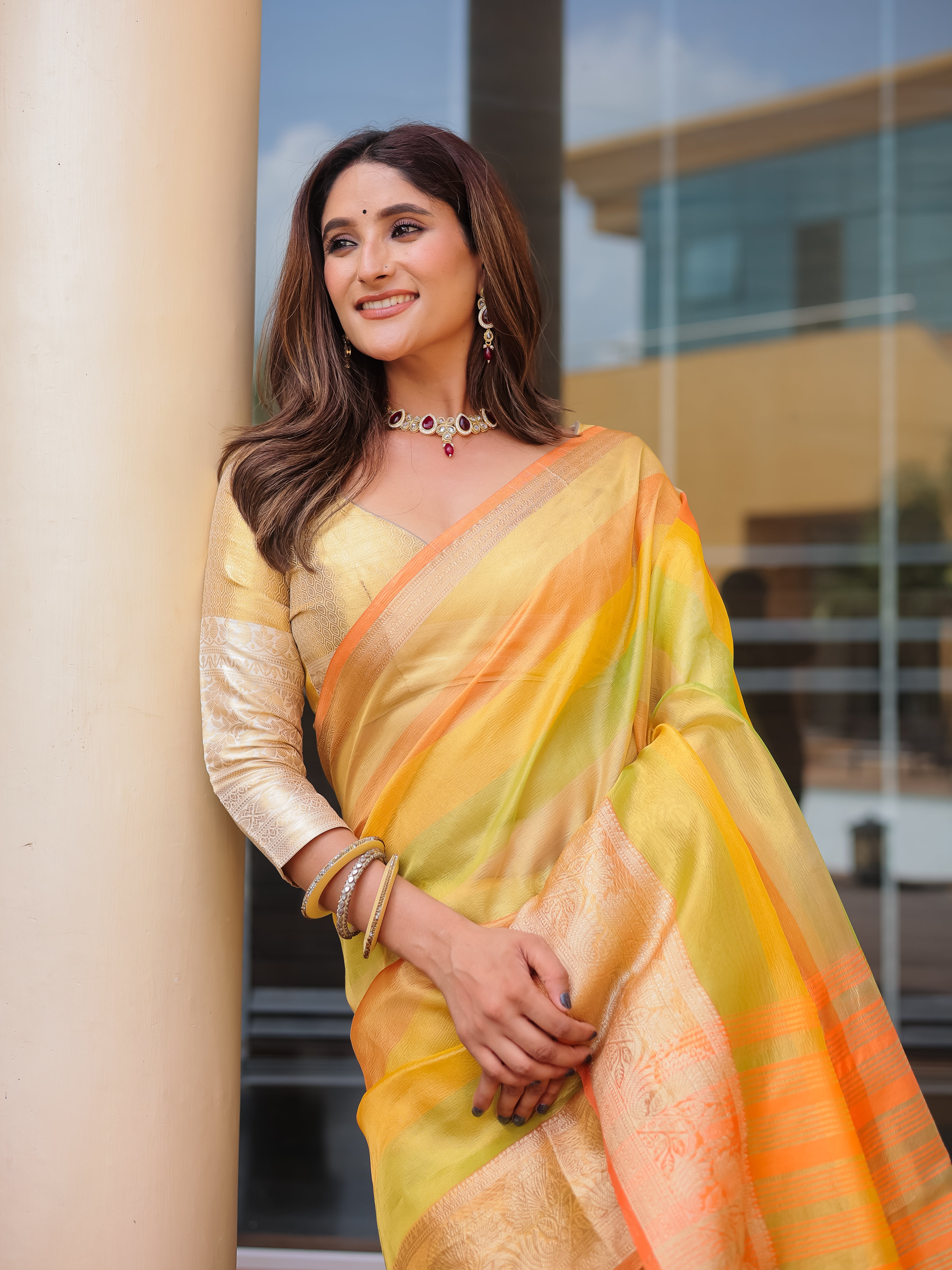 Mango Orange Banarasi Handloom Crush Saree