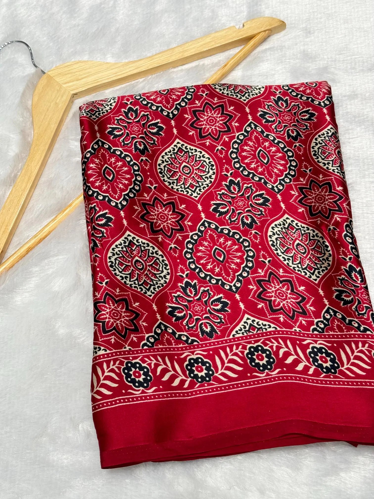 Maroon Ajrakh Printed Satin Crepe Saree