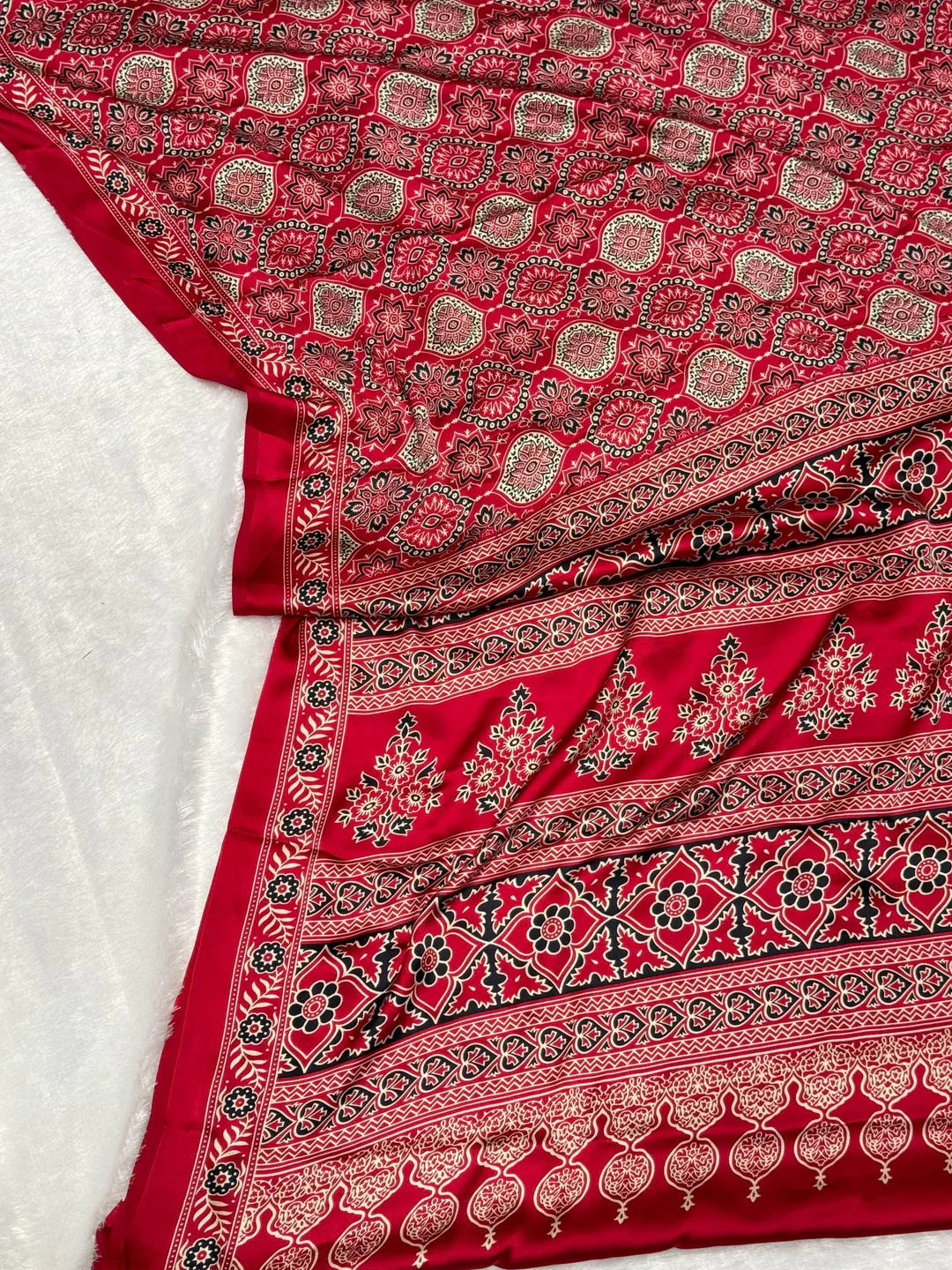 Maroon Ajrakh Printed Satin Crepe Saree