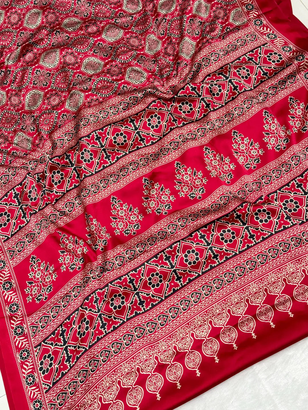 Maroon Ajrakh Printed Satin Crepe Saree