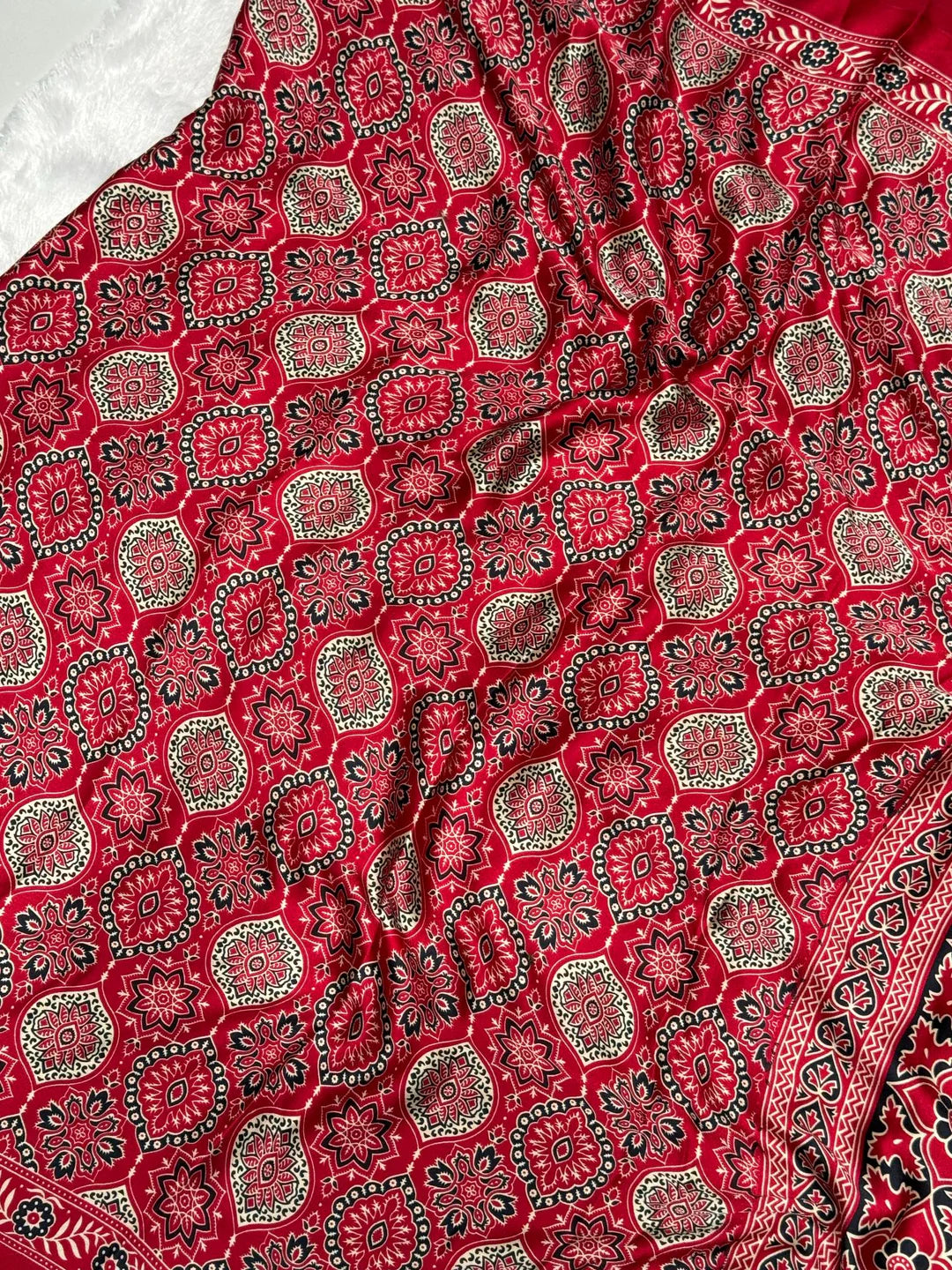 Maroon Ajrakh Printed Satin Crepe Saree