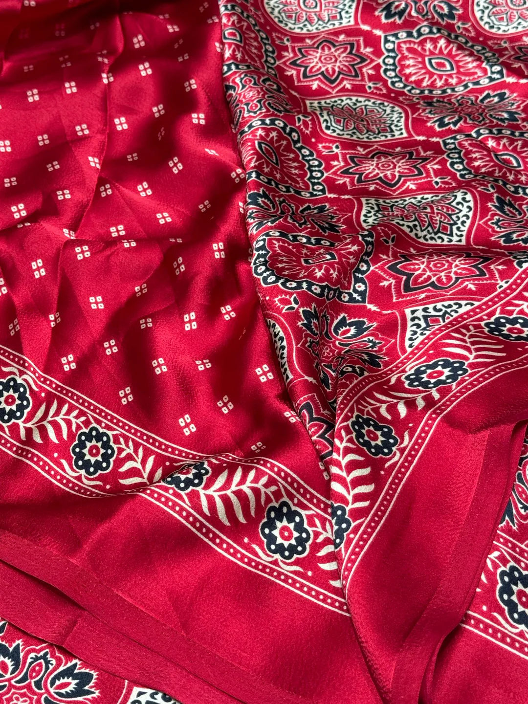 Maroon Ajrakh Printed Satin Crepe Saree
