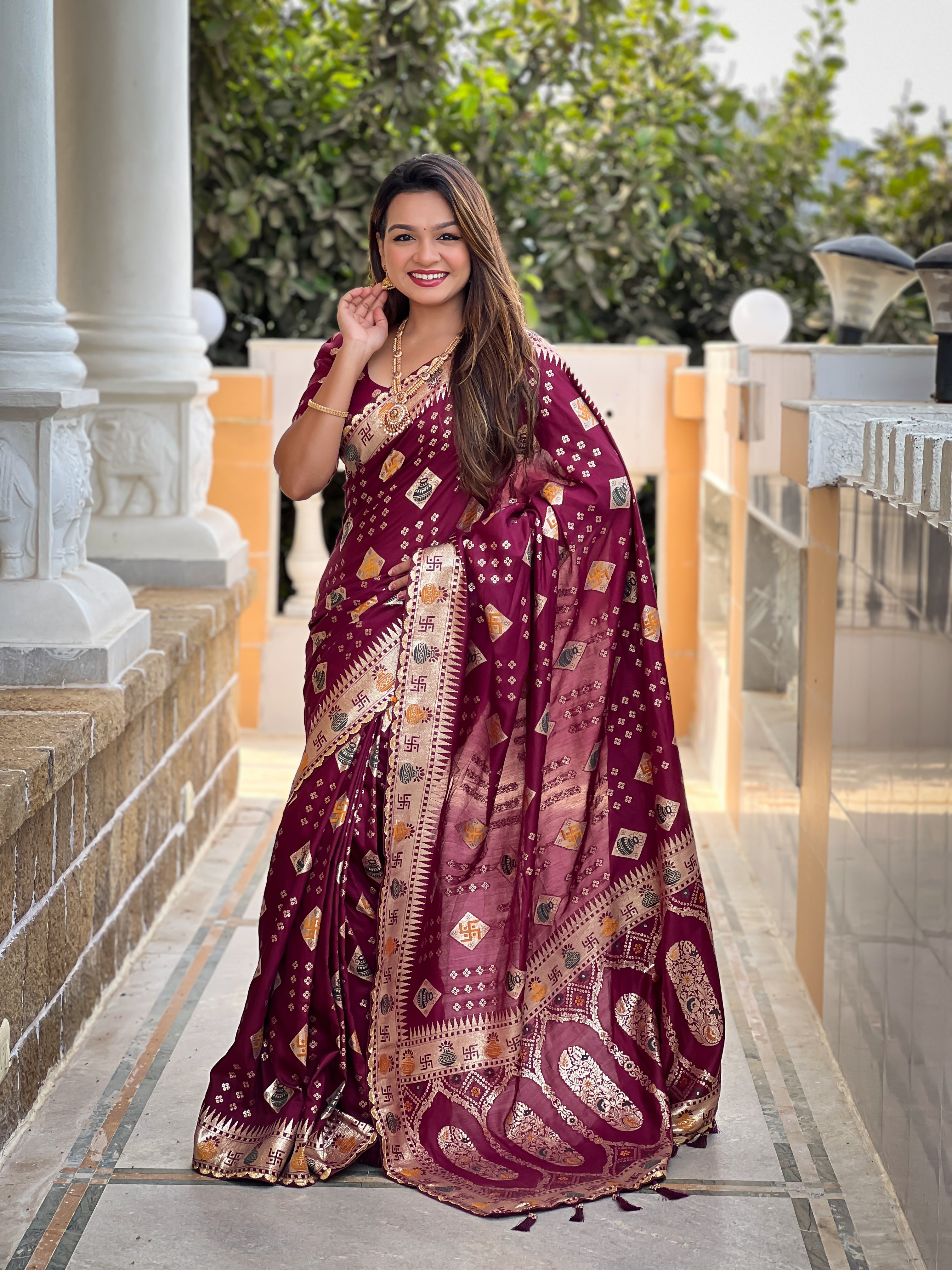 Maroon Swastik Dolla Silk Saree Heavy Meenakari Kalash Design
