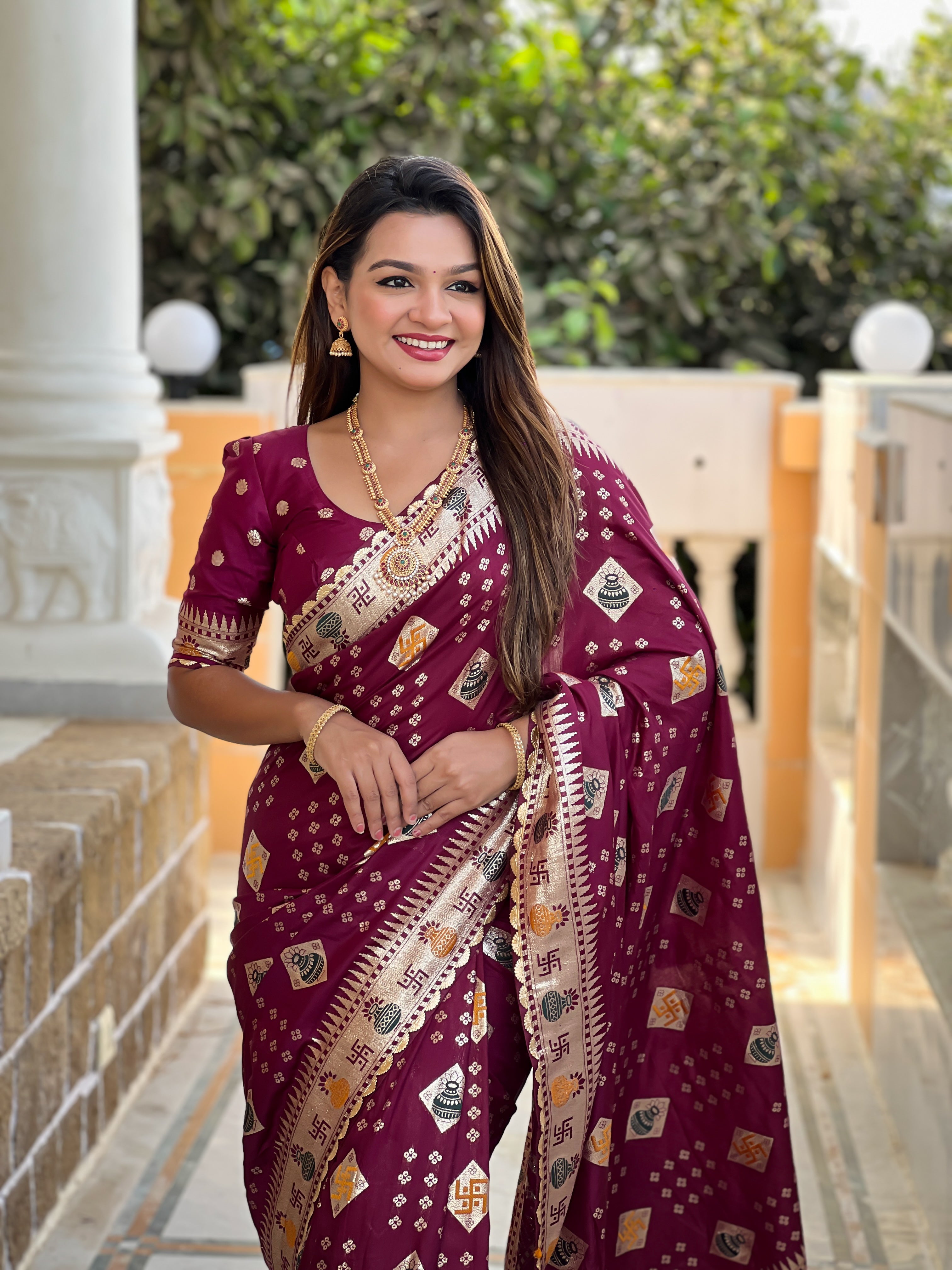 Maroon Swastik Dolla Silk Saree Heavy Meenakari Kalash Design