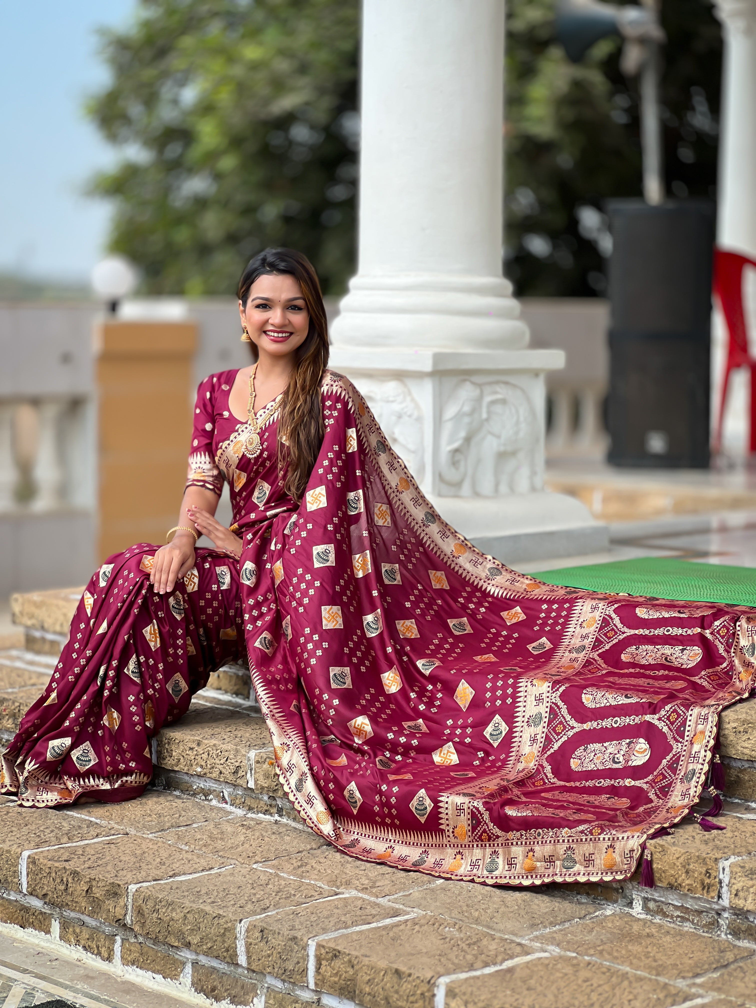 Maroon Swastik Dolla Silk Saree Heavy Meenakari Kalash Design