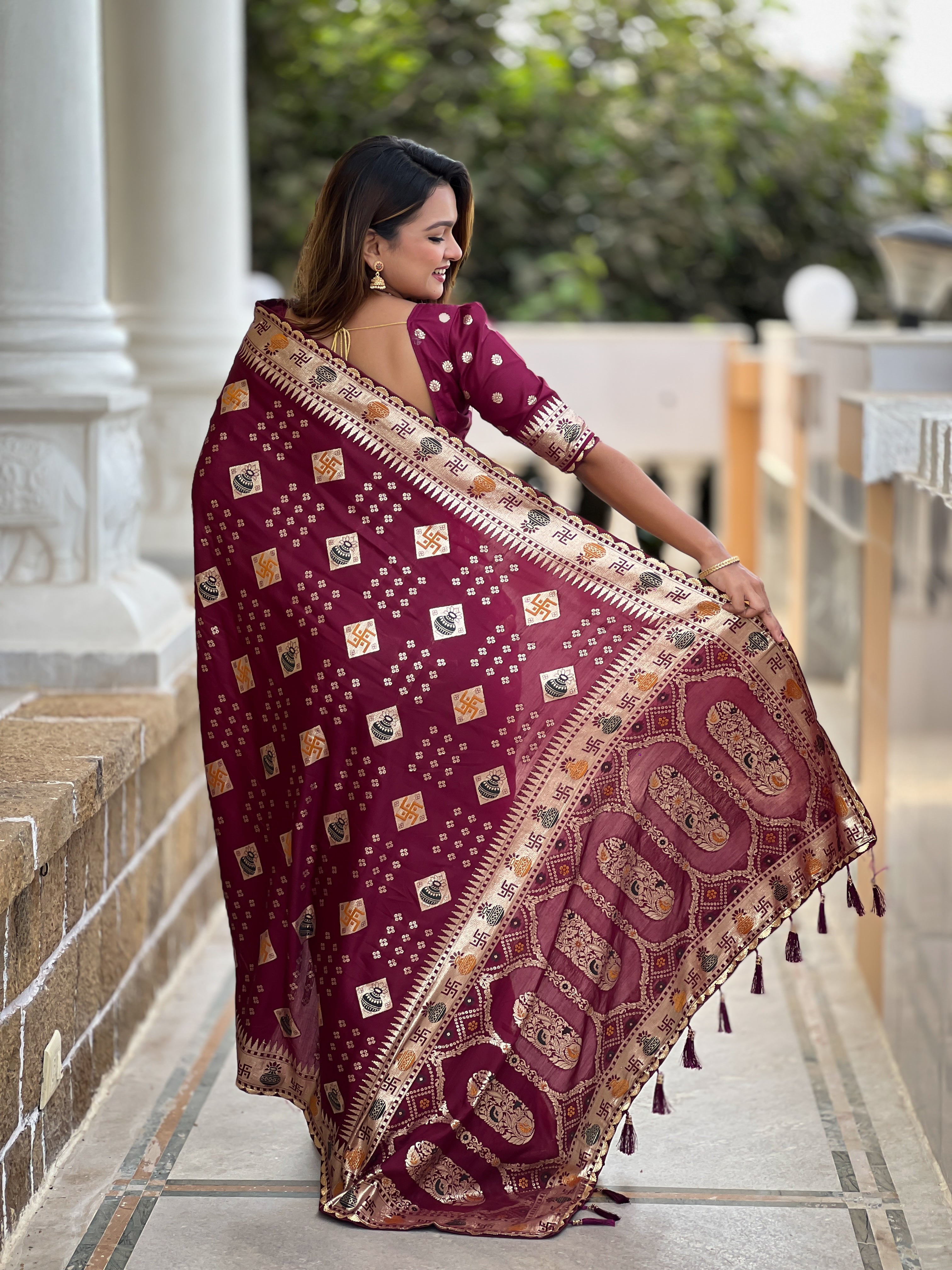 Maroon Swastik Dolla Silk Saree Heavy Meenakari Kalash Design