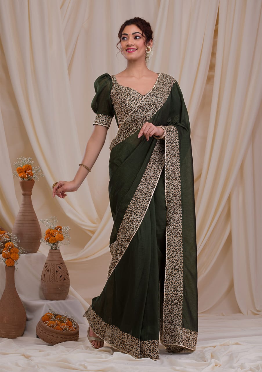 Mehendi Embroidery Zari Thread Work Stonework Art Saree