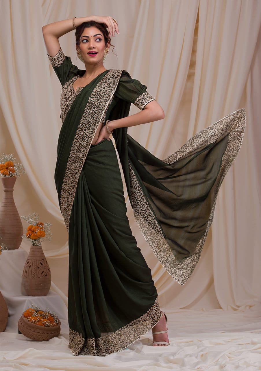 Mehendi Embroidery Zari Thread Work Stonework Art Saree