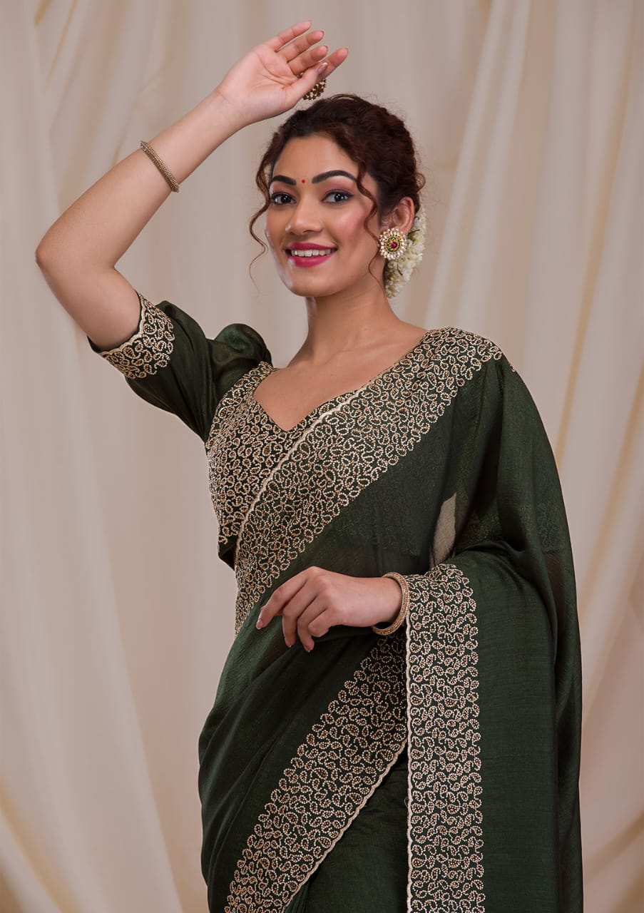 Mehendi Embroidery Zari Thread Work Stonework Art Saree