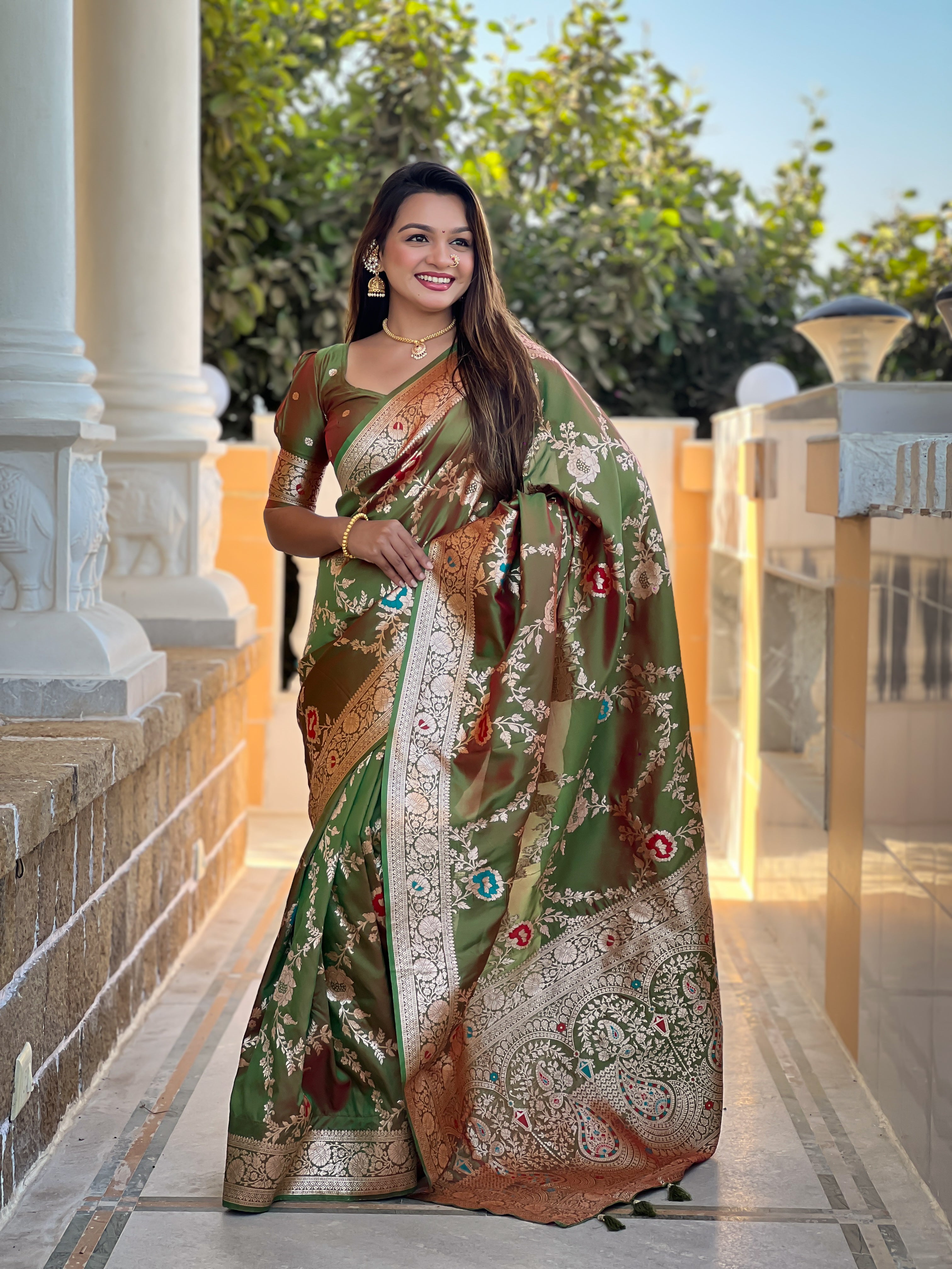 Mehendi Soft Banarasi Silk Saree with Zari Weaving Meenakari Touchup Design