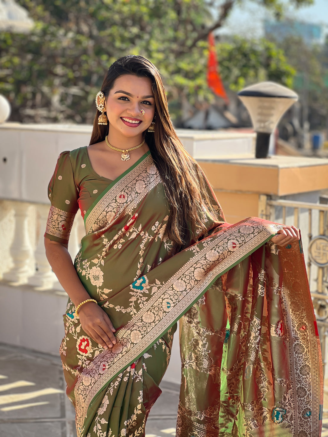 Mehendi Soft Banarasi Silk Saree with Zari Weaving Meenakari Touchup Design