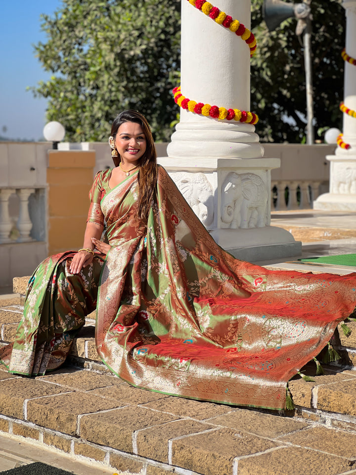 Mehendi Soft Banarasi Silk Saree with Zari Weaving Meenakari Touchup Design