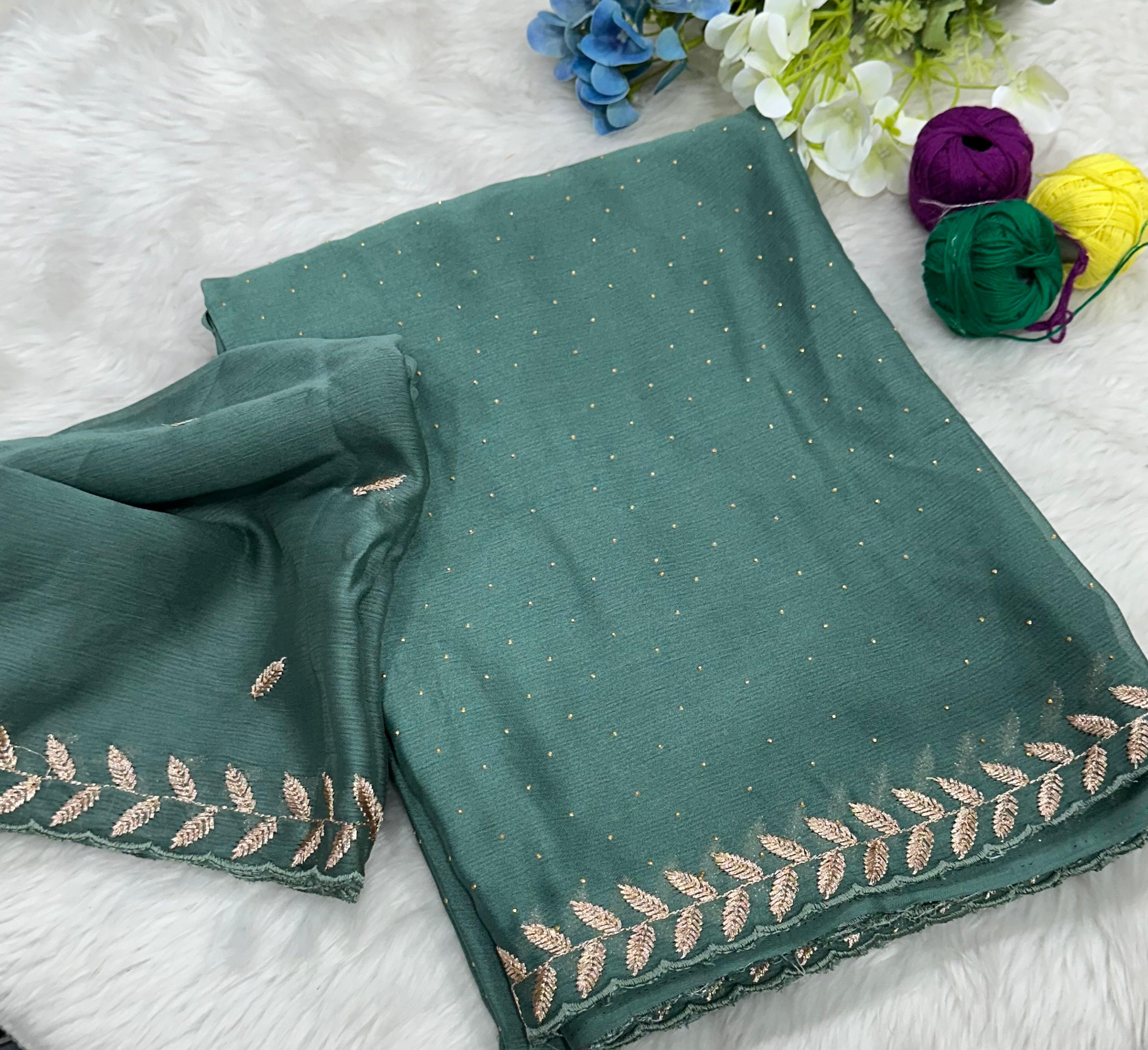 Money Plant Satin Crape Chiffon C-Pallu Embroidary Work Saree
