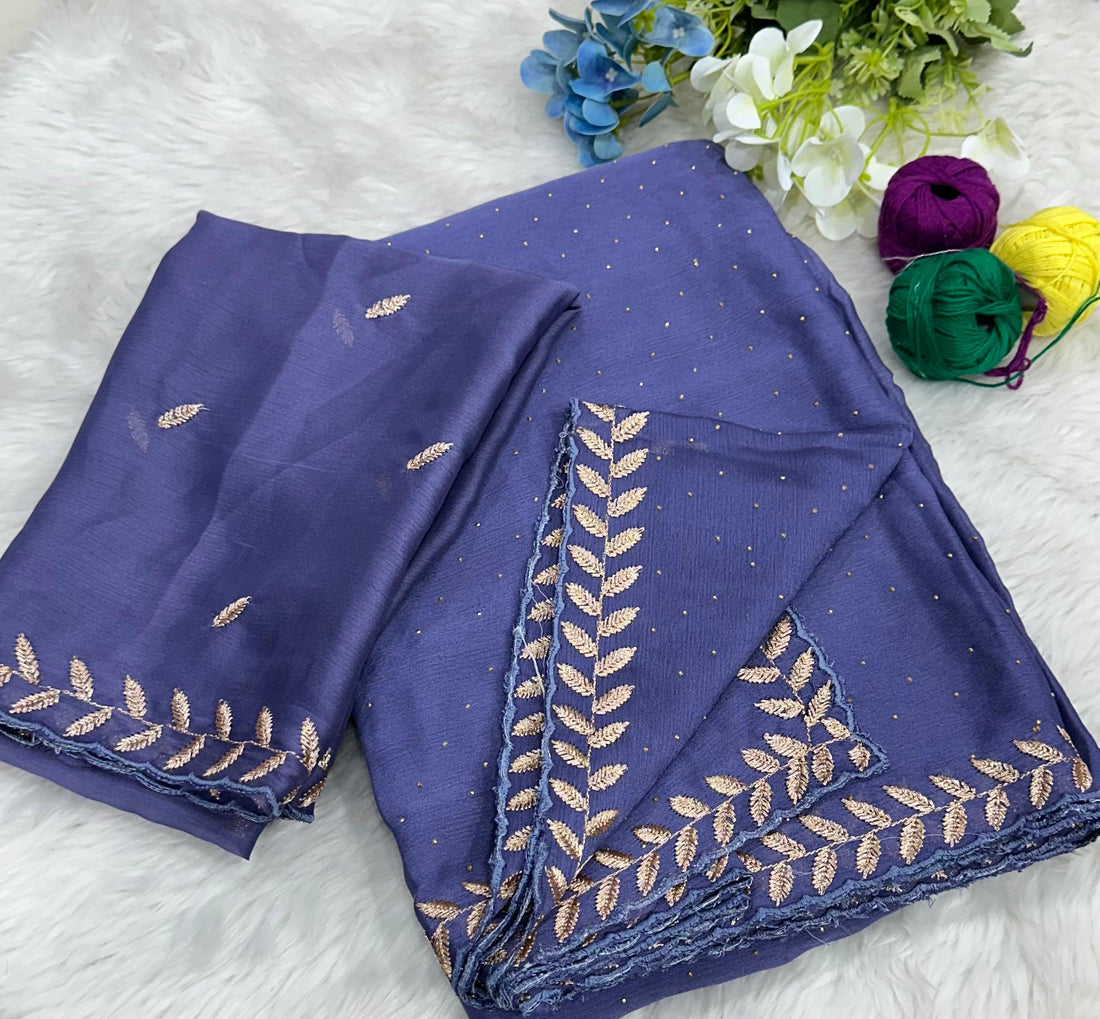 Money Plant Satin Crape Chiffon C-Pallu Embroidary Work Saree
