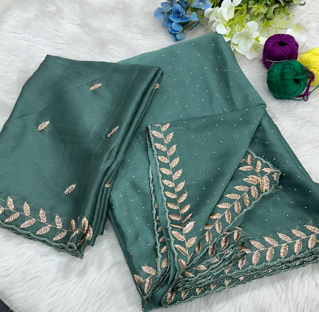 Money Plant Satin Crape Chiffon C-Pallu Embroidary Work Saree