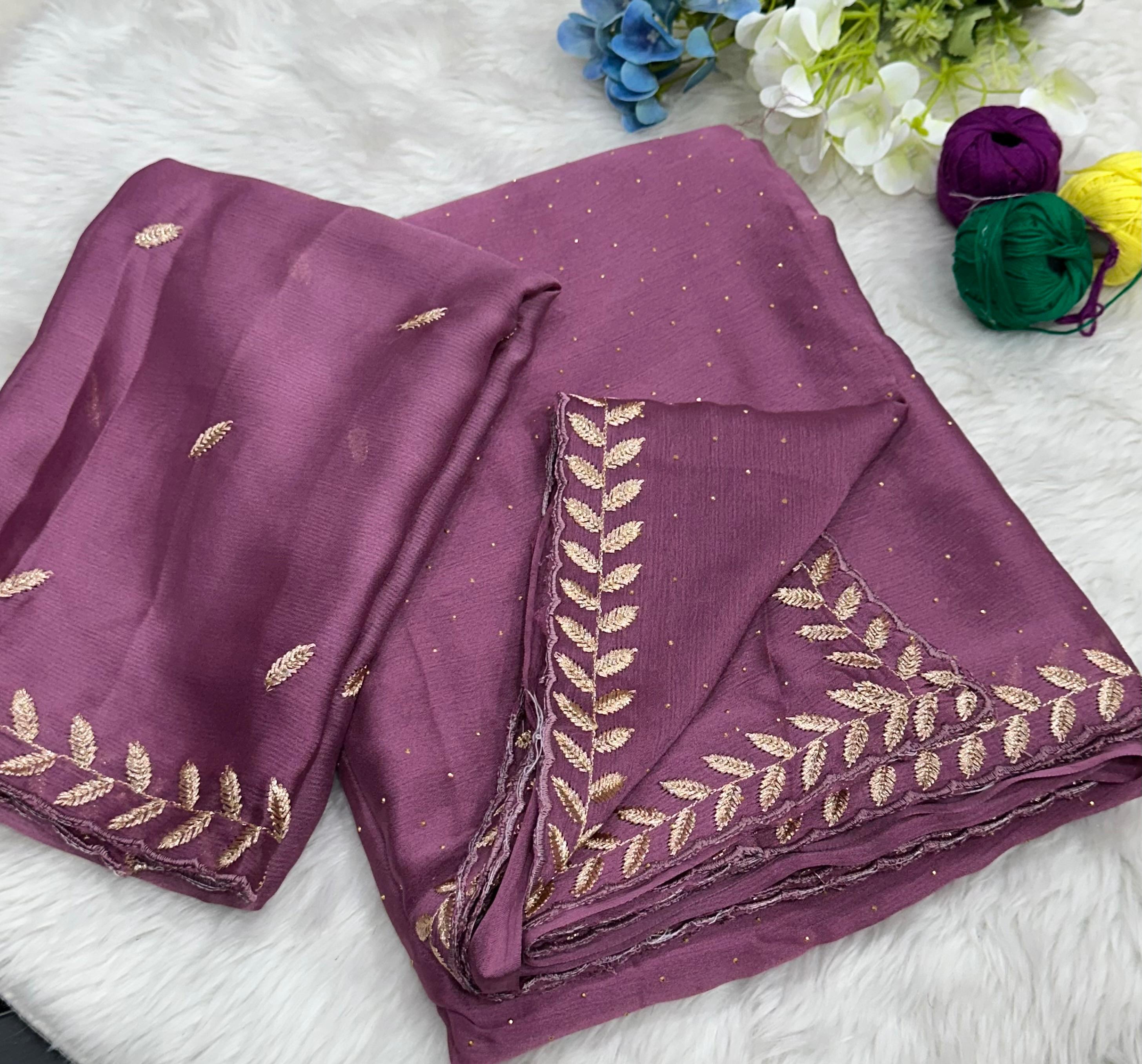 Money Plant Satin Crape Chiffon C-Pallu Embroidary Work Saree