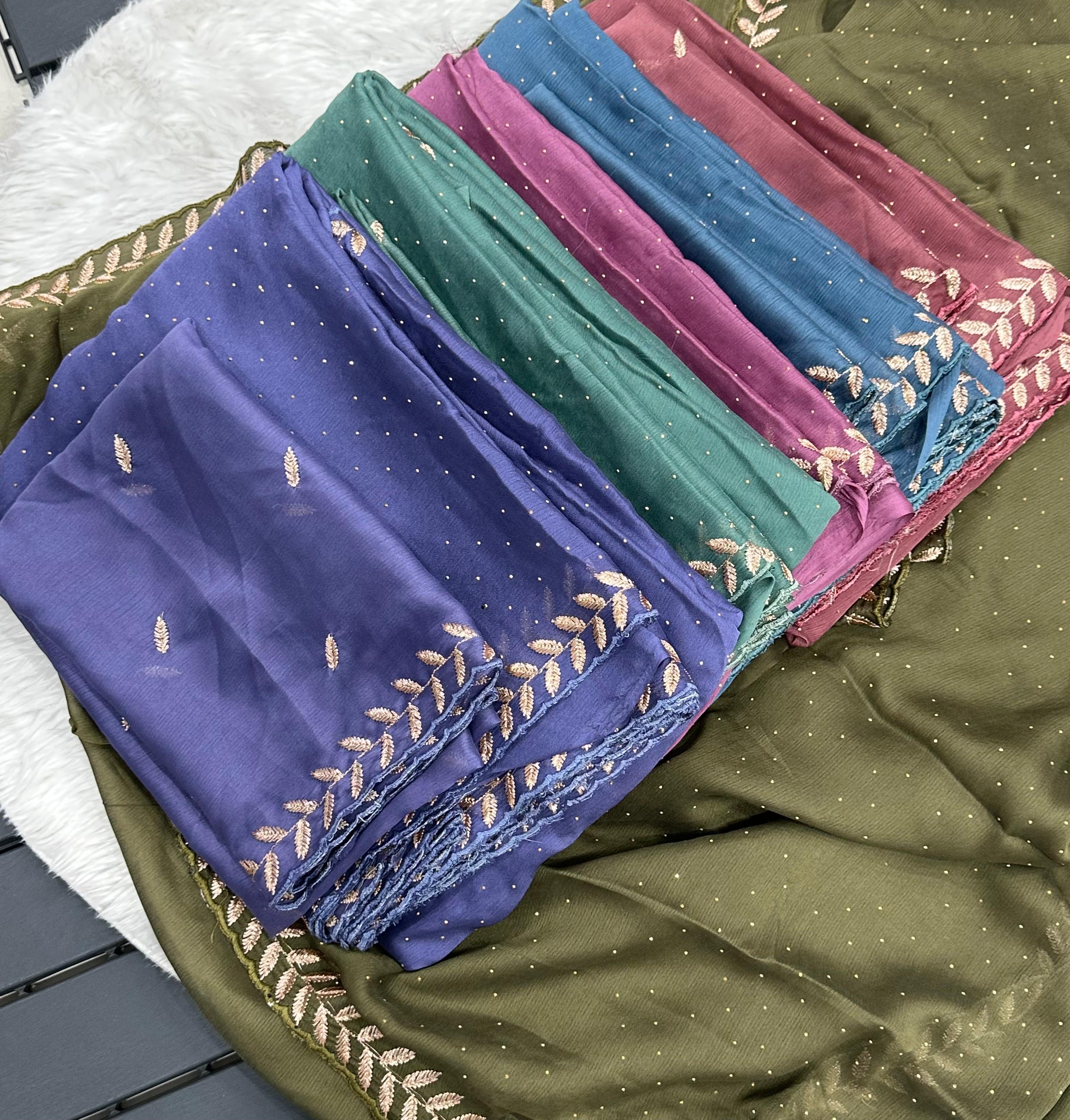 Money Plant Satin Crape Chiffon C-Pallu Embroidary Work Saree