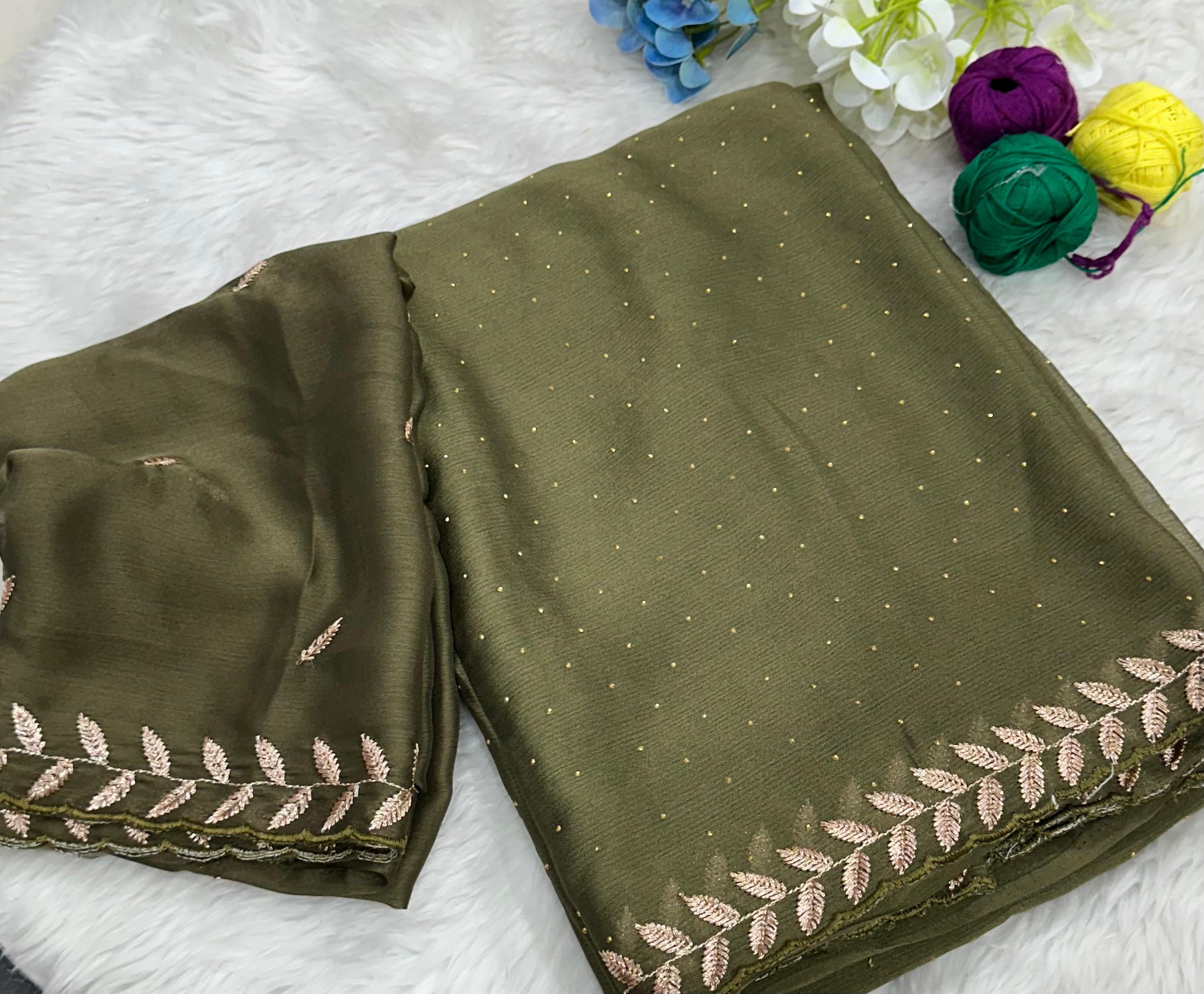Money Plant Satin Crape Chiffon C-Pallu Embroidary Work Saree