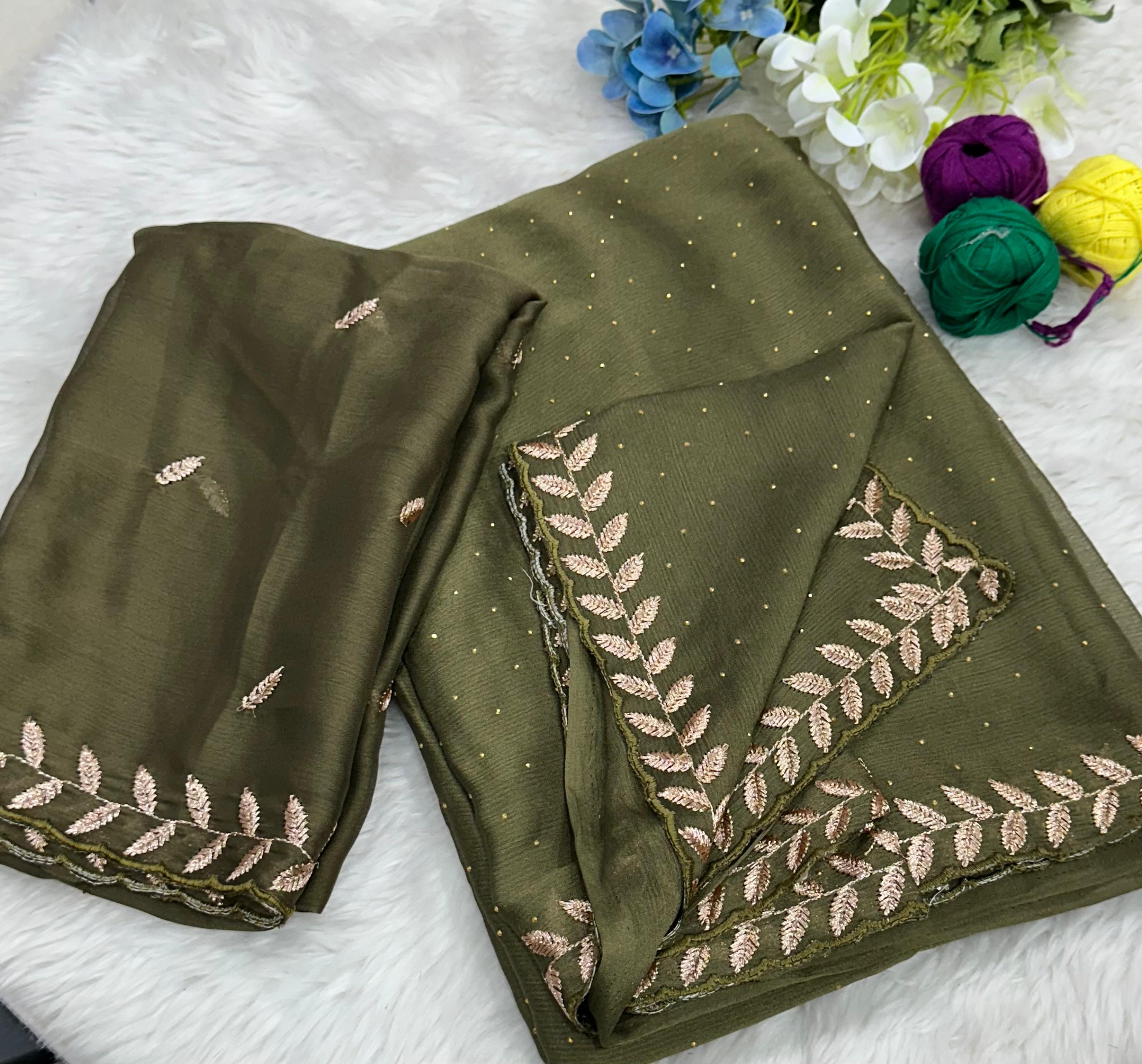 Money Plant Satin Crape Chiffon C-Pallu Embroidary Work Saree