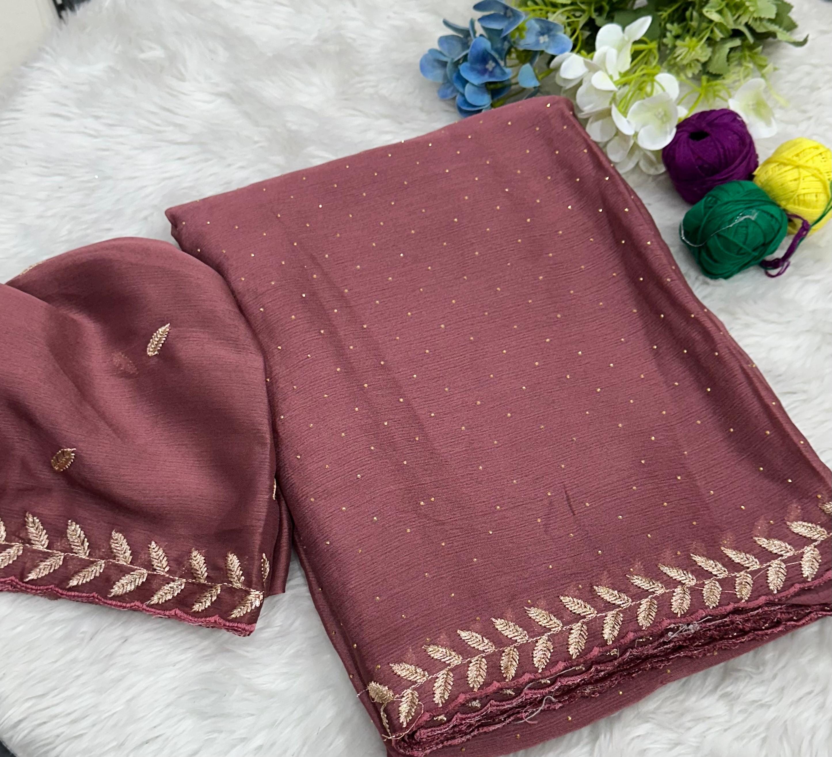 Money Plant Satin Crape Chiffon C-Pallu Embroidary Work Saree