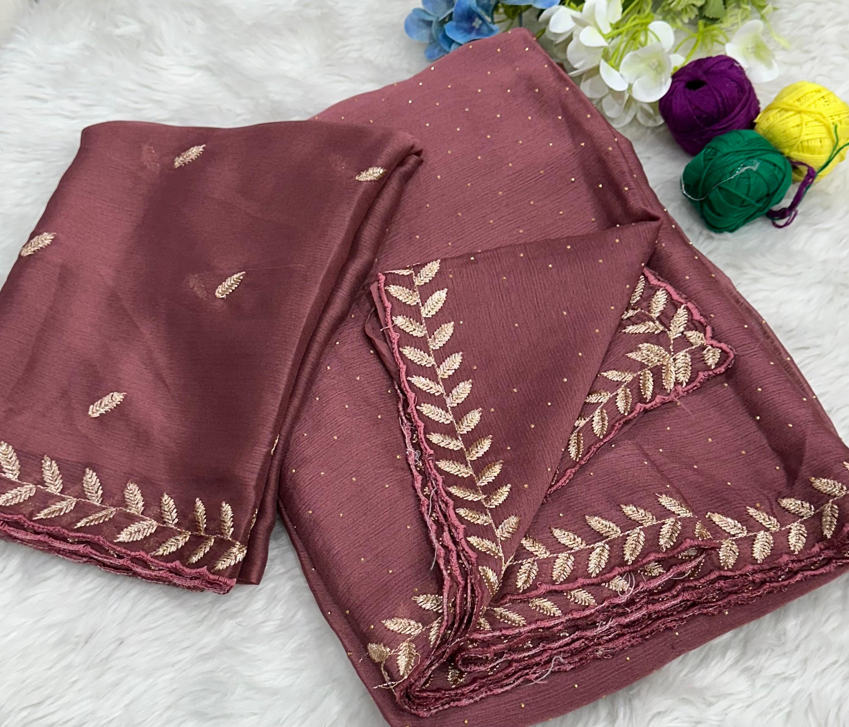 Money Plant Satin Crape Chiffon C-Pallu Embroidary Work Saree