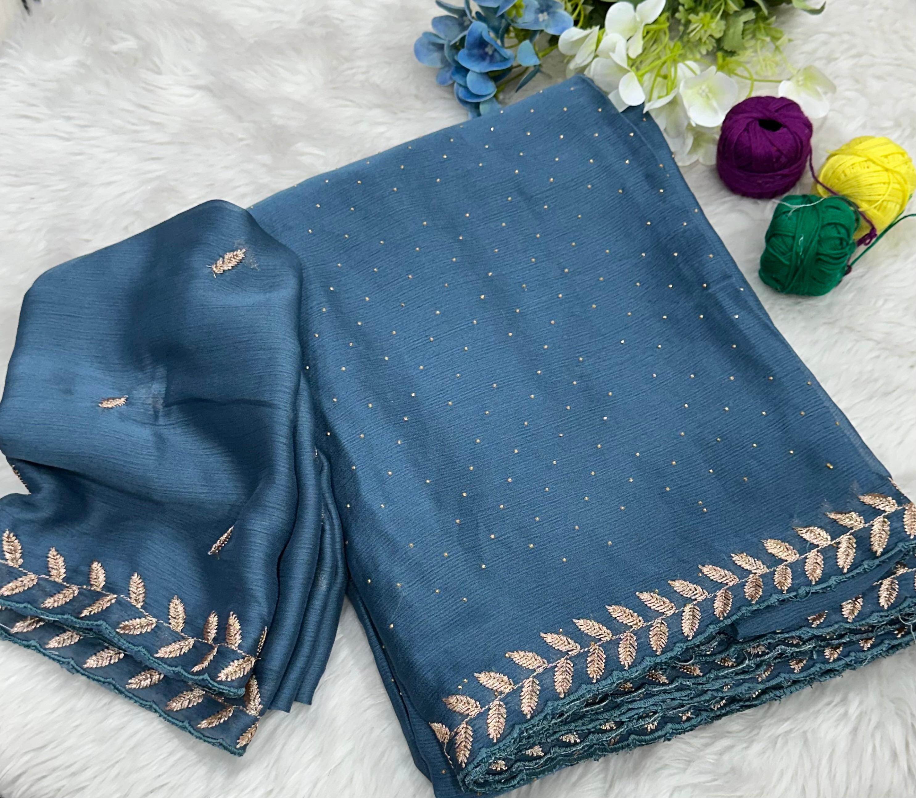 Money Plant Satin Crape Chiffon C-Pallu Embroidary Work Saree