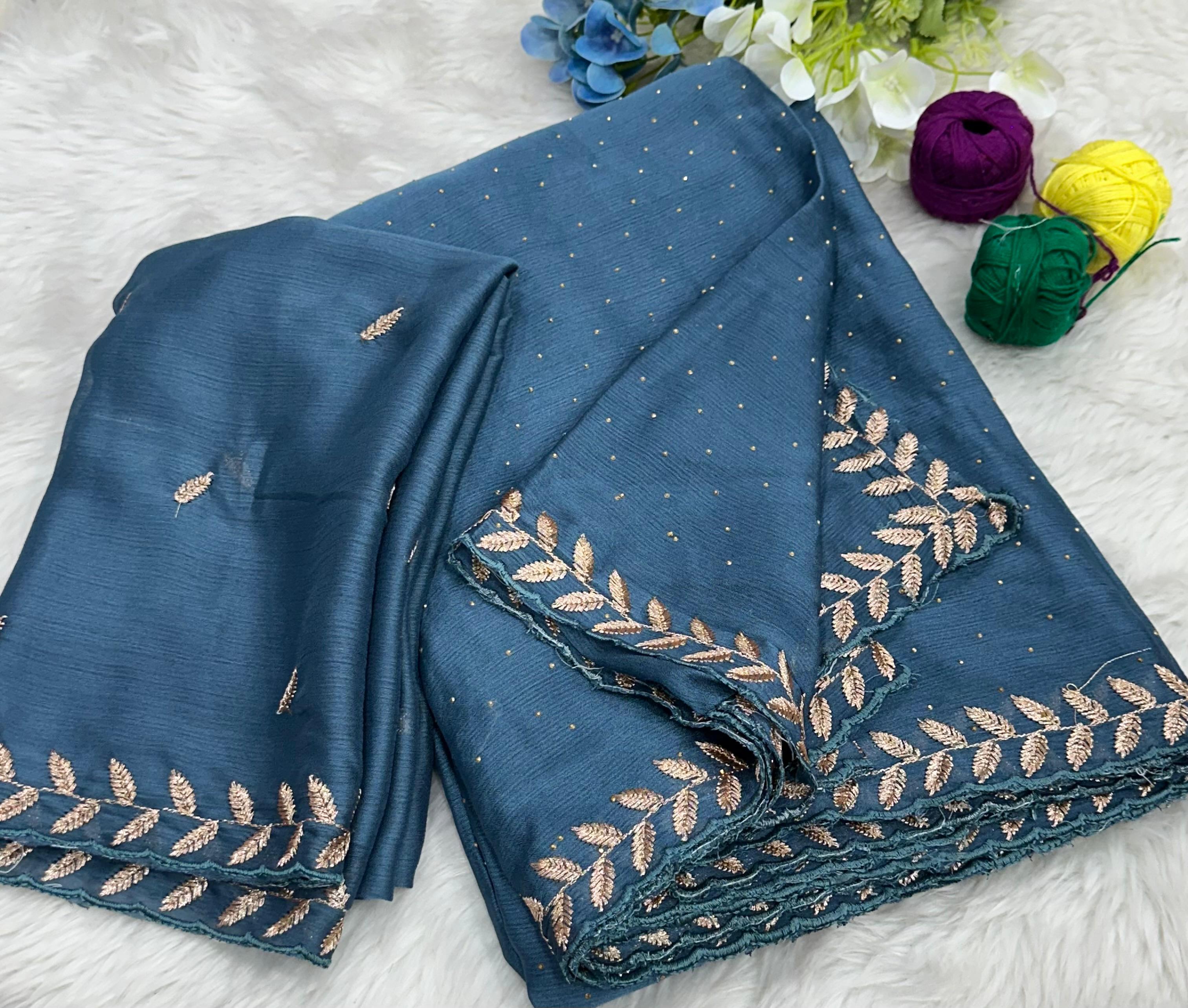 Money Plant Satin Crape Chiffon C-Pallu Embroidary Work Saree