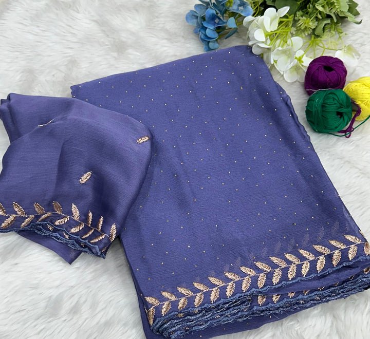 Money Plant Satin Crape Chiffon C-Pallu Embroidary Work Saree