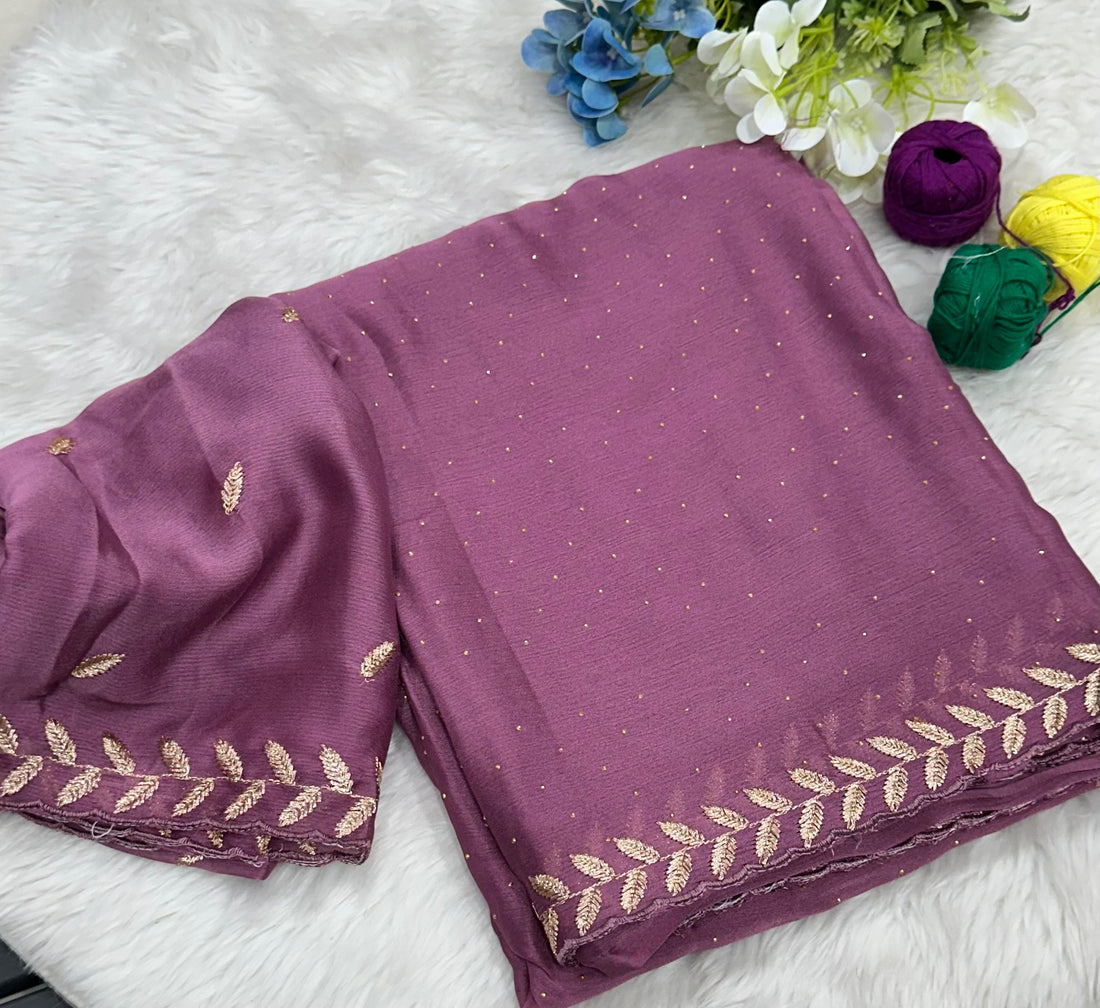 Money Plant Satin Crape Chiffon C-Pallu Embroidary Work Saree