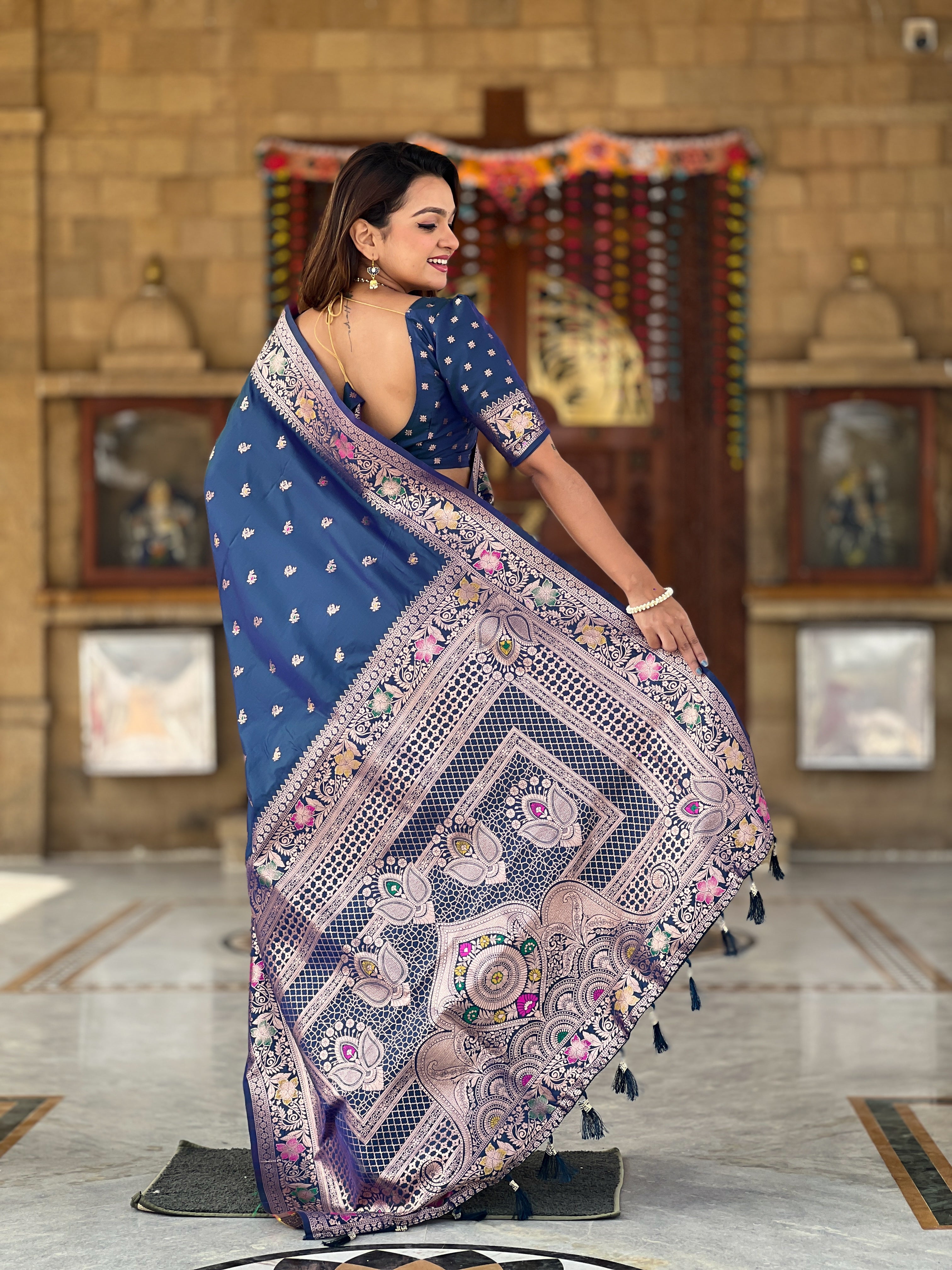 Morpich Soft Banarasi Silk Saree With Zari Weaving Meenakari
