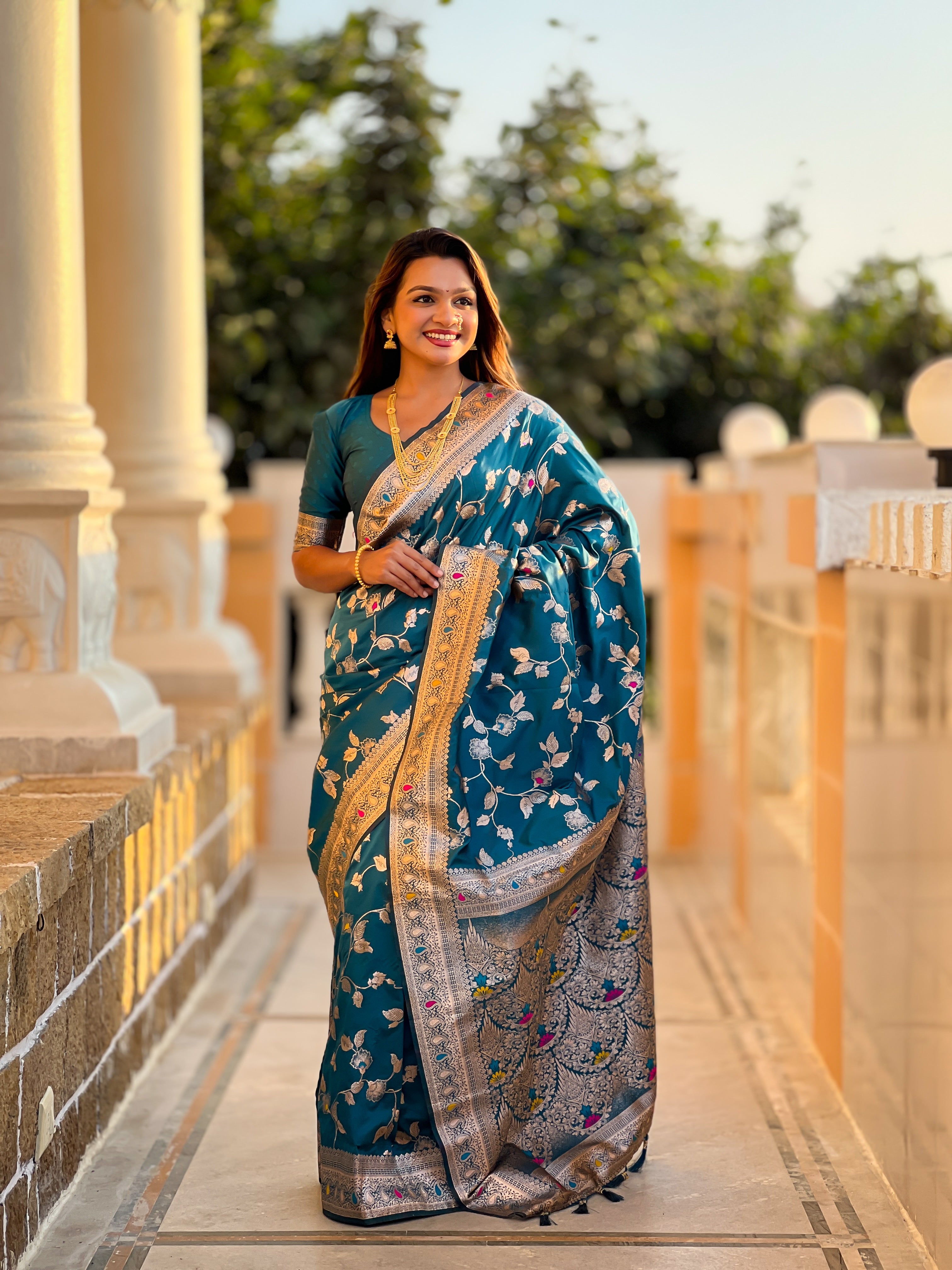 Morpich Zari Embroidered Banarasi Silk Saree