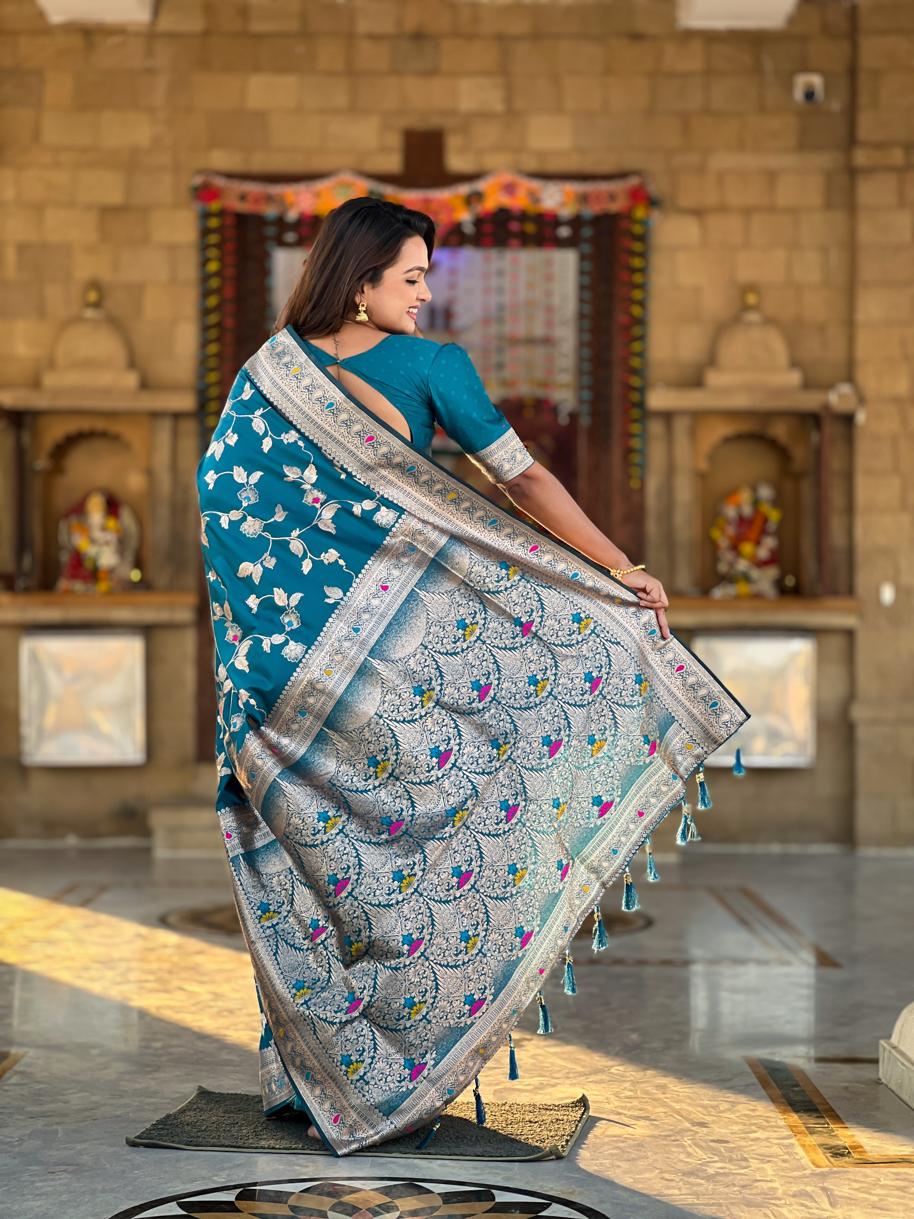 Morpich Zari Embroidered Banarasi Silk Saree
