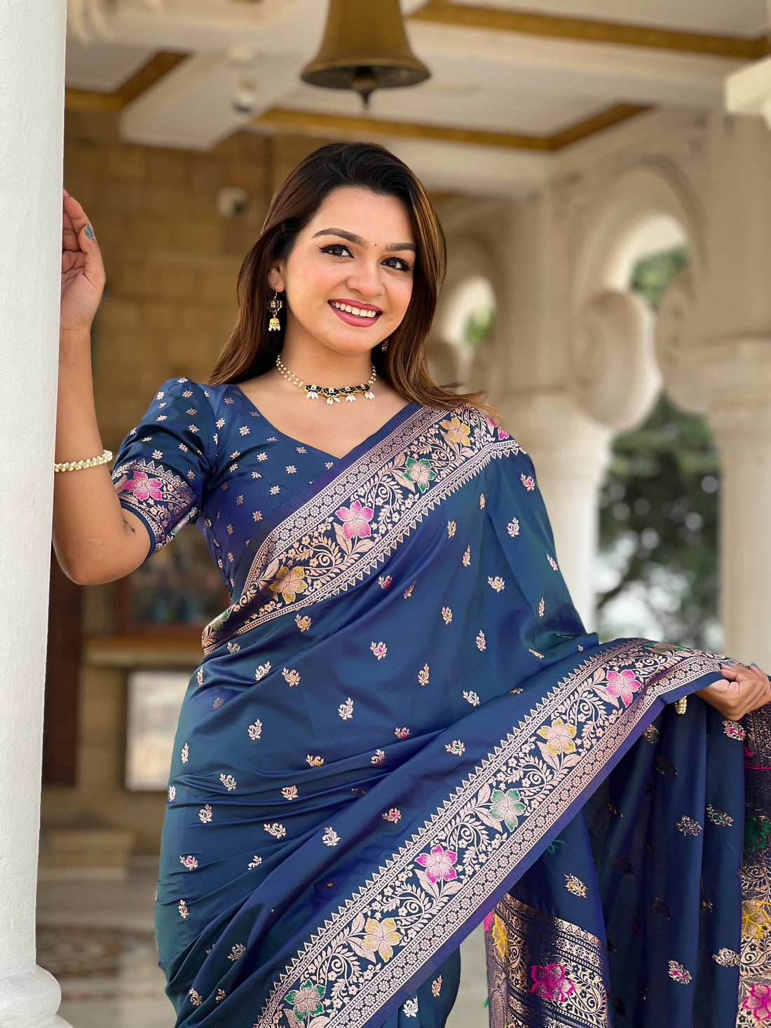 Morpich Soft Banarasi Silk Saree With Zari Weaving Meenakari