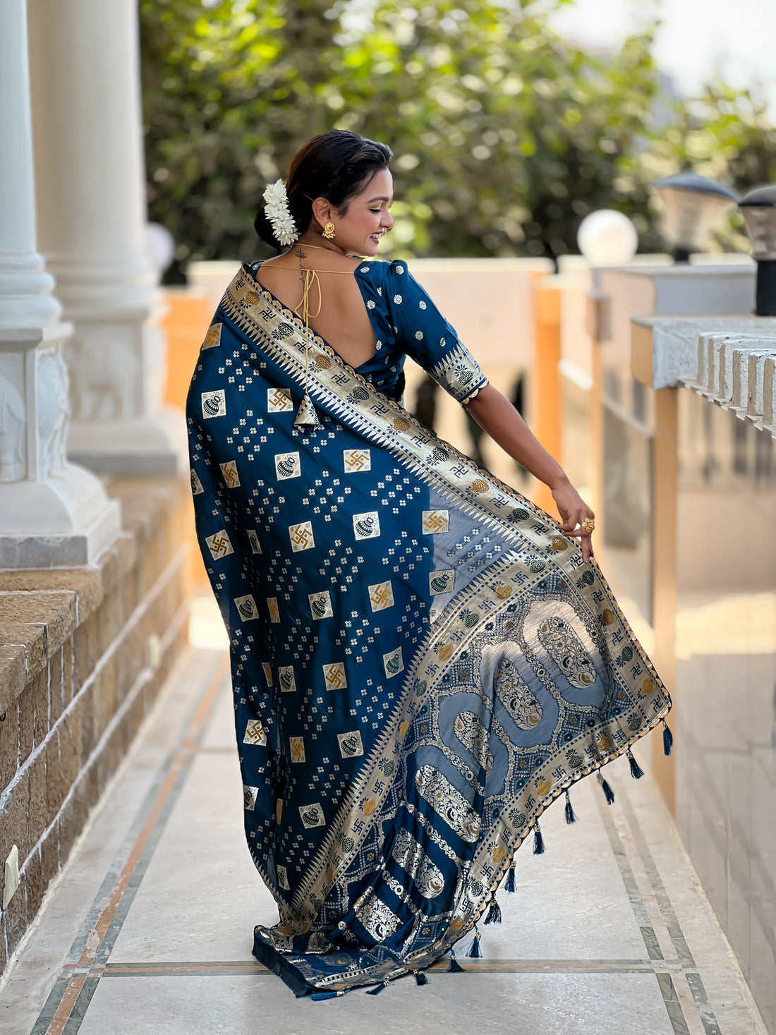 Morpitch Swastik Dolla Silk Saree Heavy Meenakari Kalash Design