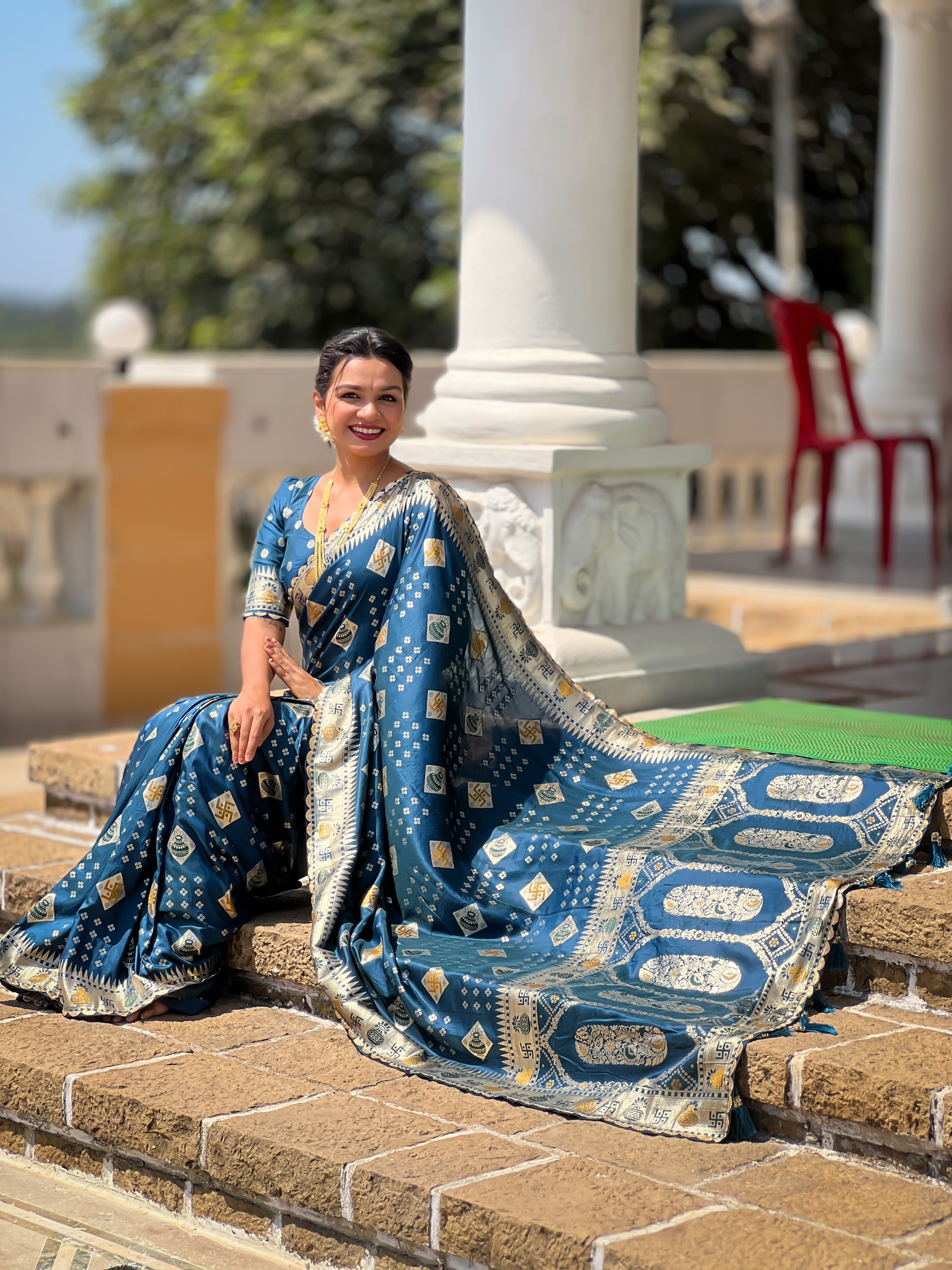 Morpitch Swastik Dolla Silk Saree Heavy Meenakari Kalash Design