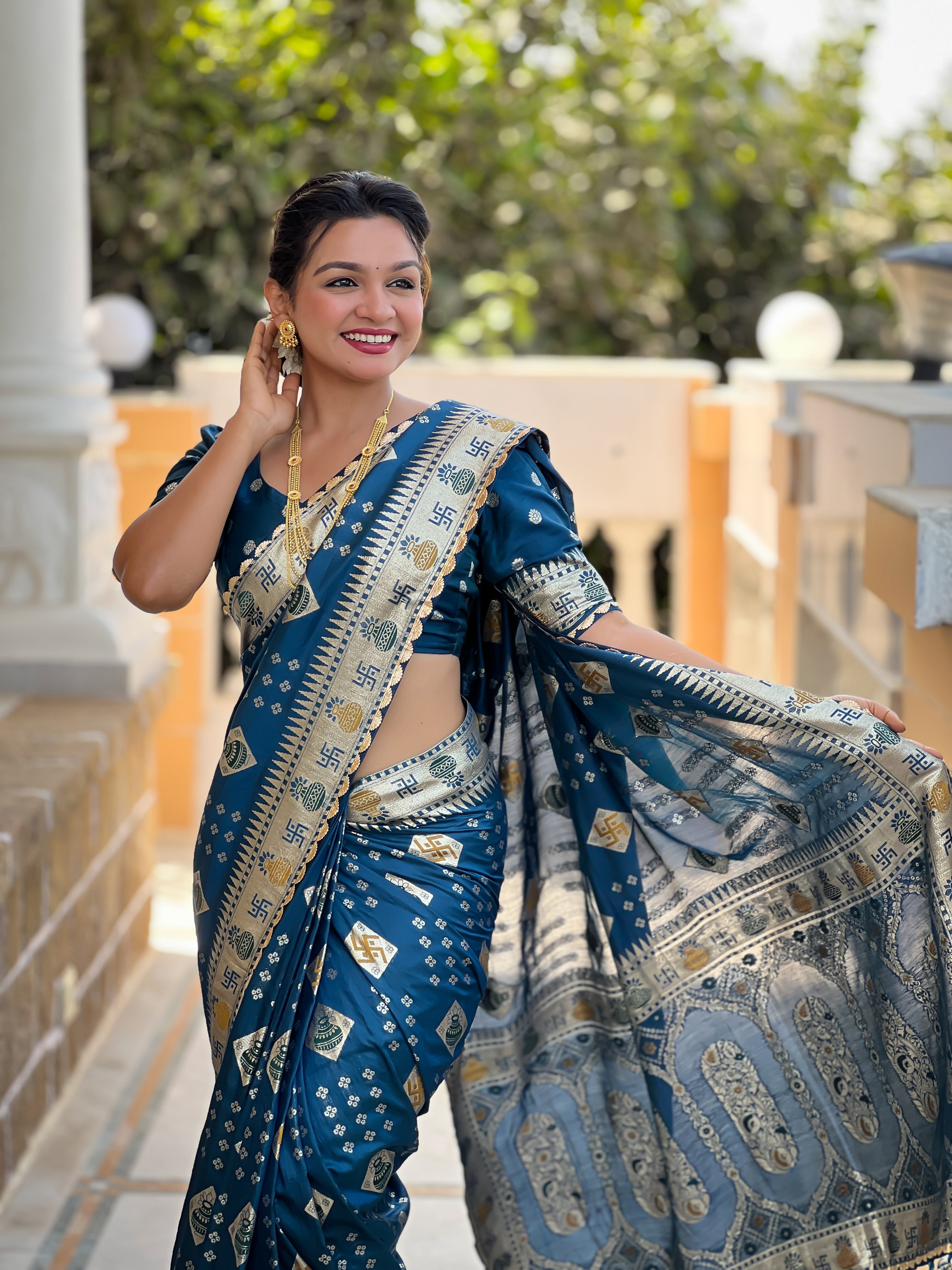 Morpitch Swastik Dolla Silk Saree Heavy Meenakari Kalash Design