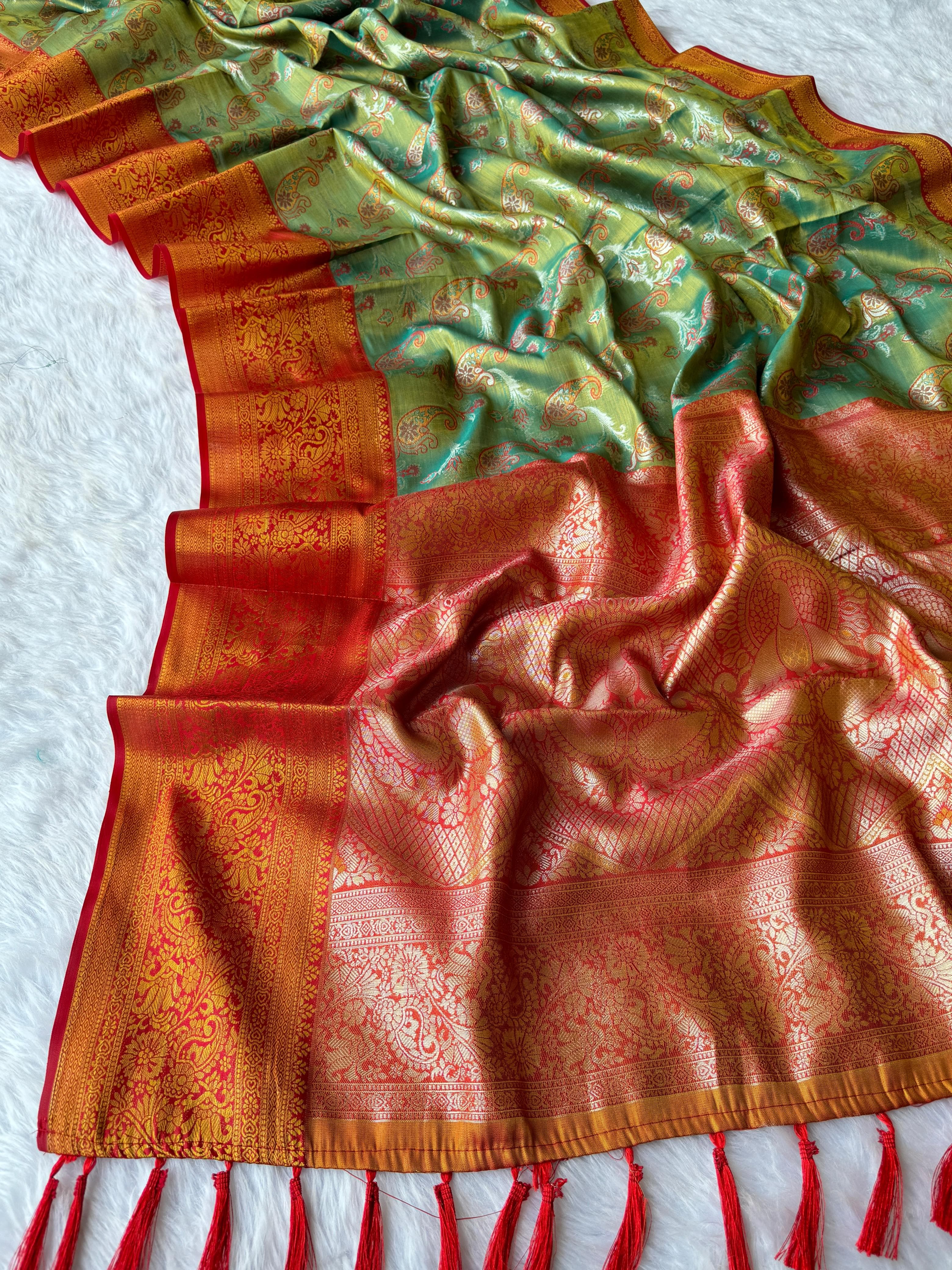 Muddy Green Dharmavaram Soft Banarsi Tissue Saree