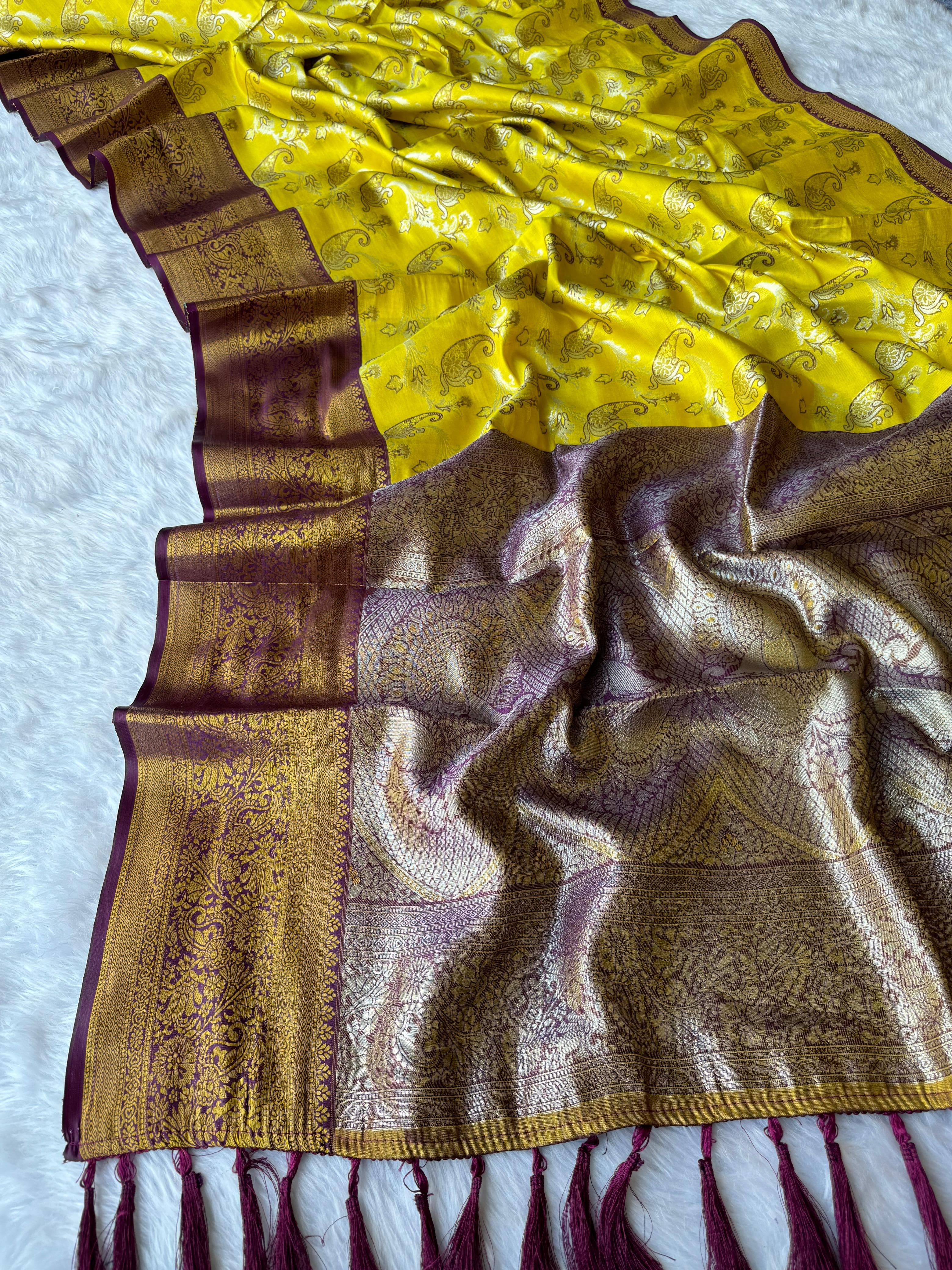 Muddy Yellow Dharmavaram Soft Banarsi Tissue Saree