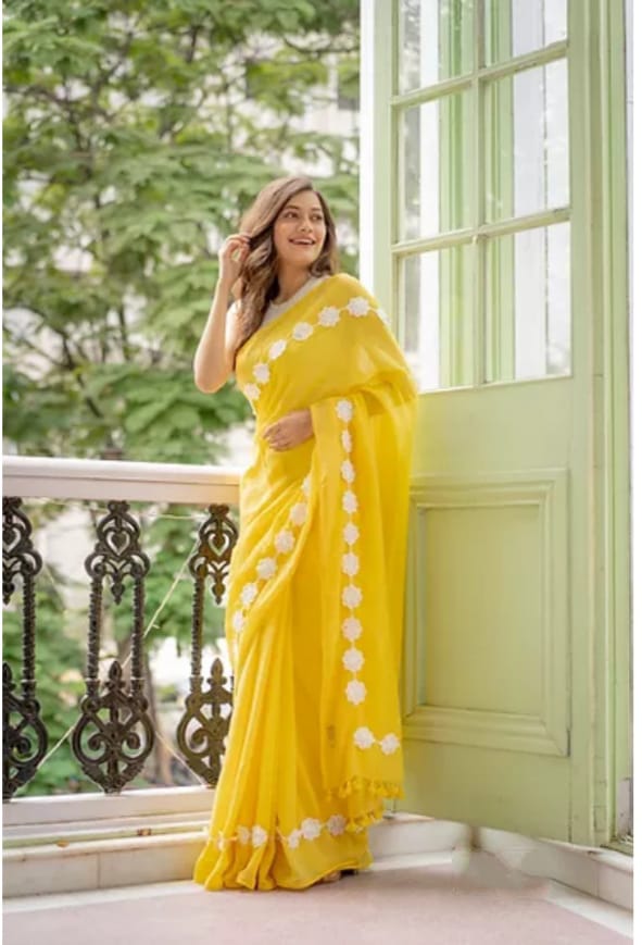 Mustard Yellow Georgette Fancy Lace Attech Saree
