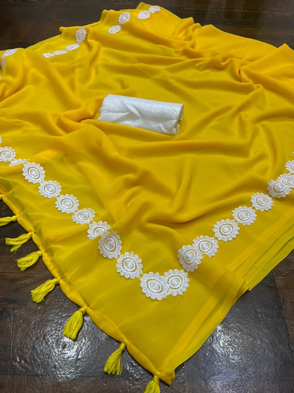 Mustard Yellow Georgette Fancy Lace Attech Saree