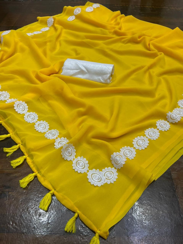 Mustard Yellow Georgette Fancy Lace Attech Saree