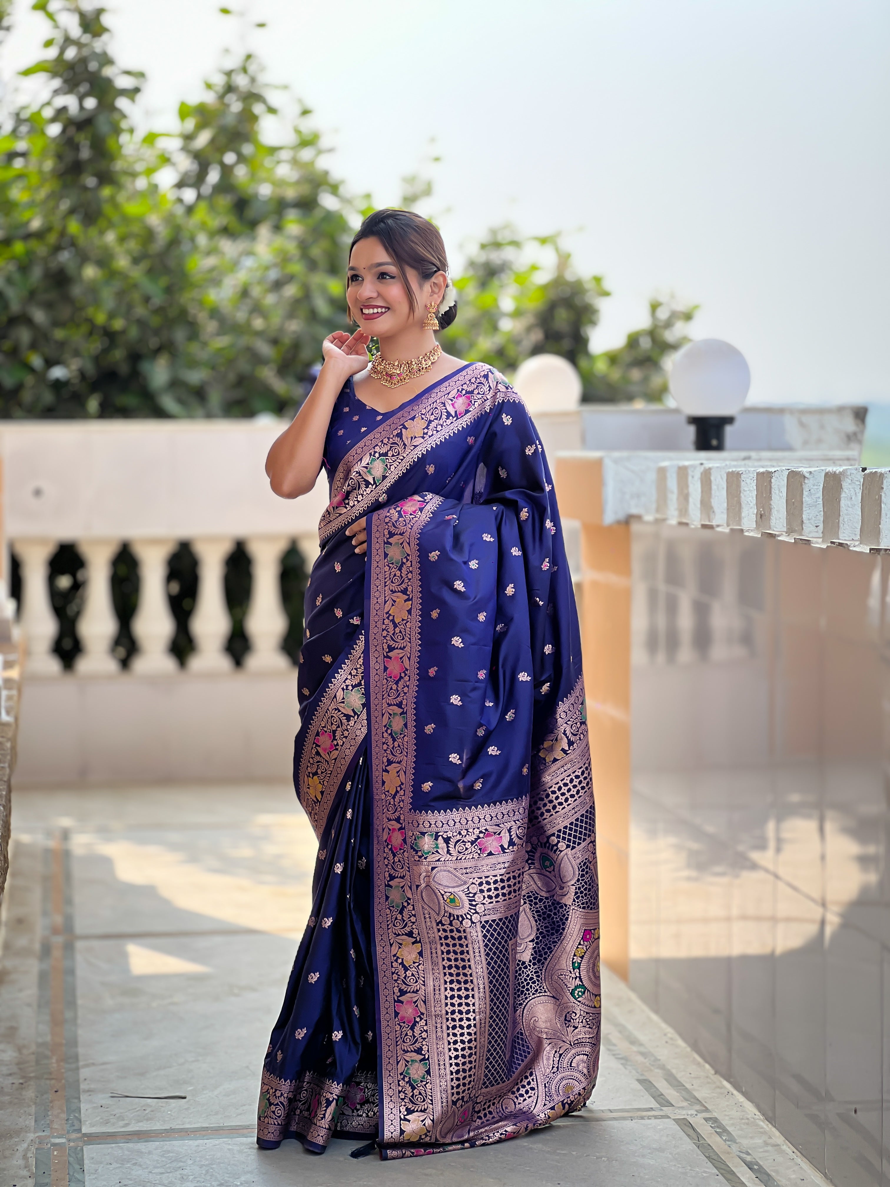 Navy Blue Soft Banarasi Silk Saree With Zari Weaving Meenakari